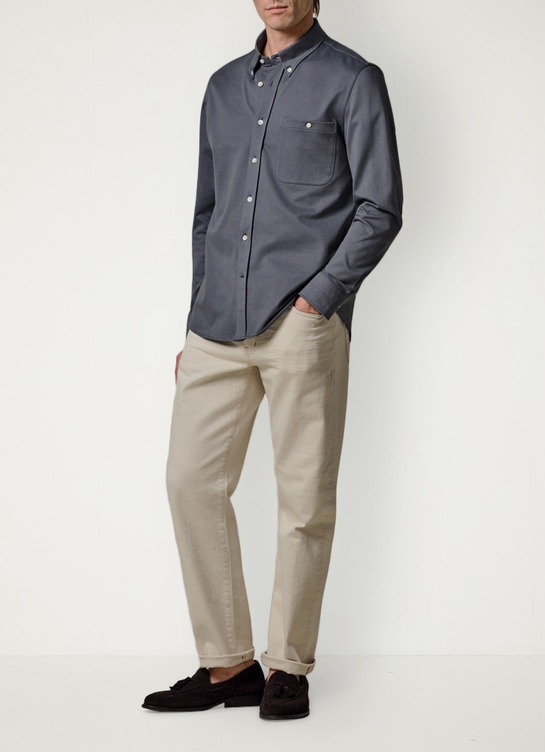 Profuomo Japanese knitted slim fit overhemd - voorkant 2 middenblauw