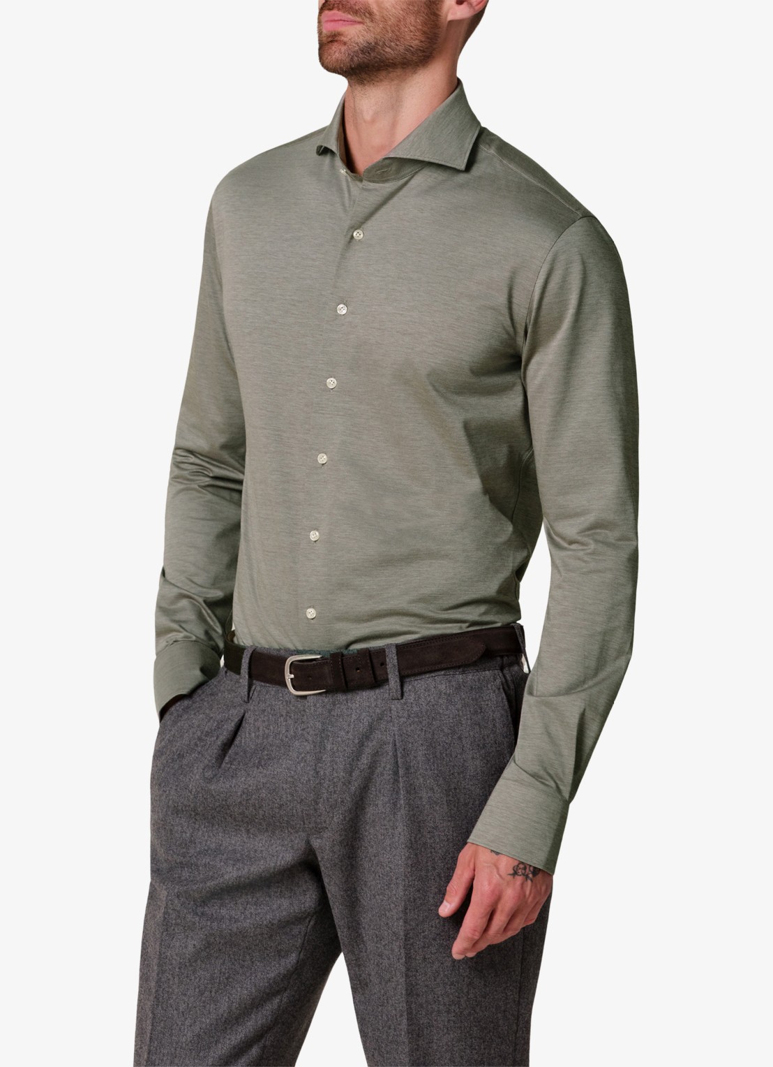 Profuomo Japanese knitted slim fit overhemd - detail 2 donkergroen