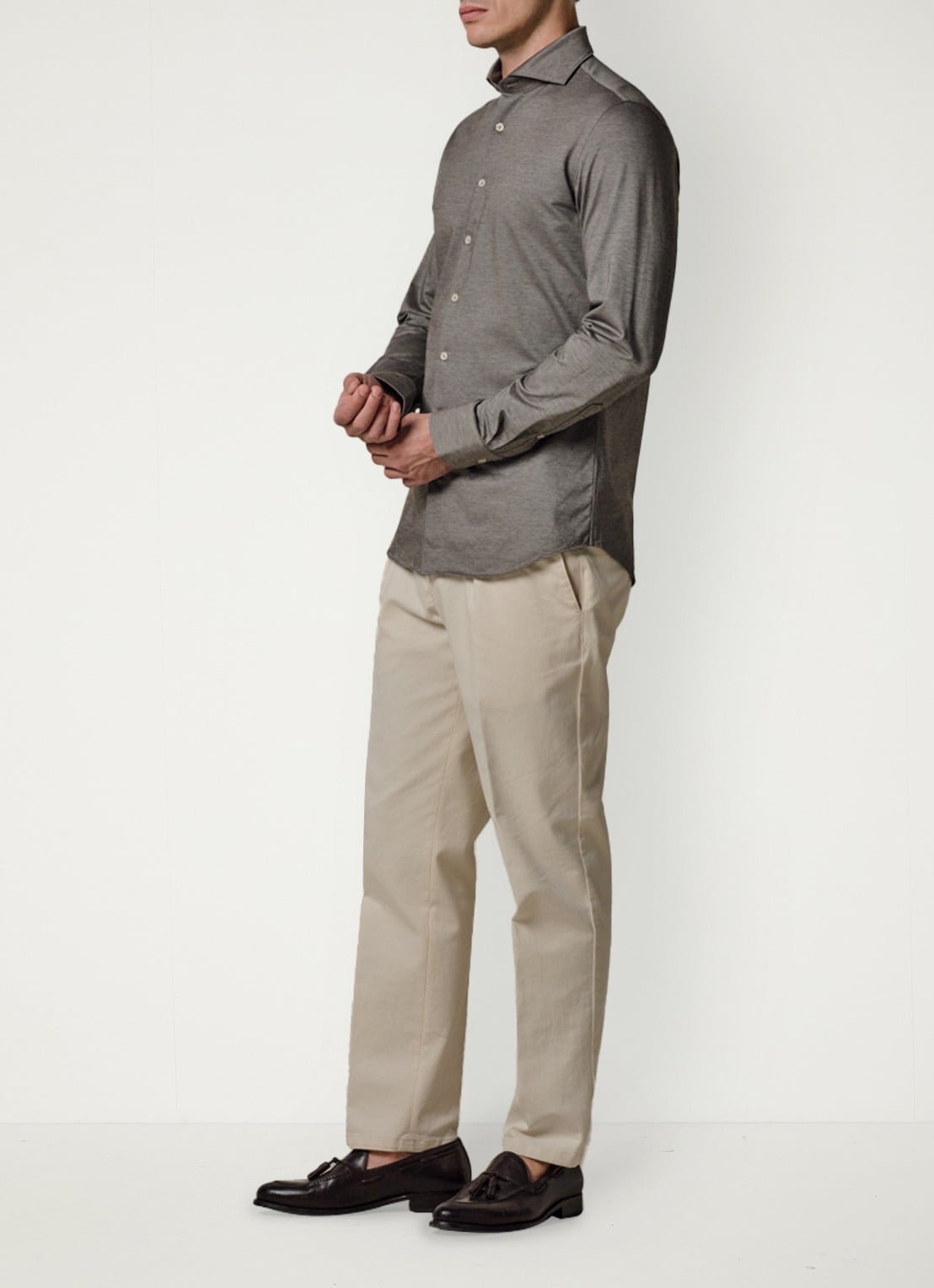 Profuomo Japanese knitted slim fit shirt - voorkant 4 middenbruin
