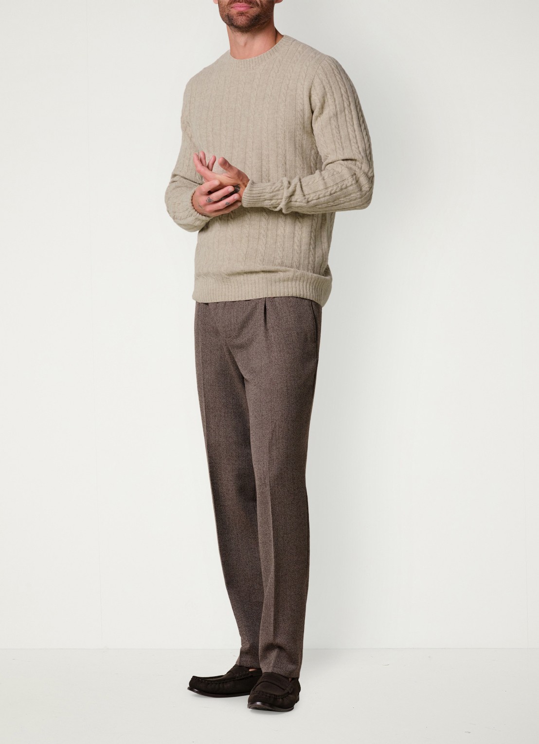 Profuomo Kabelgebreide trui in kasjmieblend - voorkant 2 beige