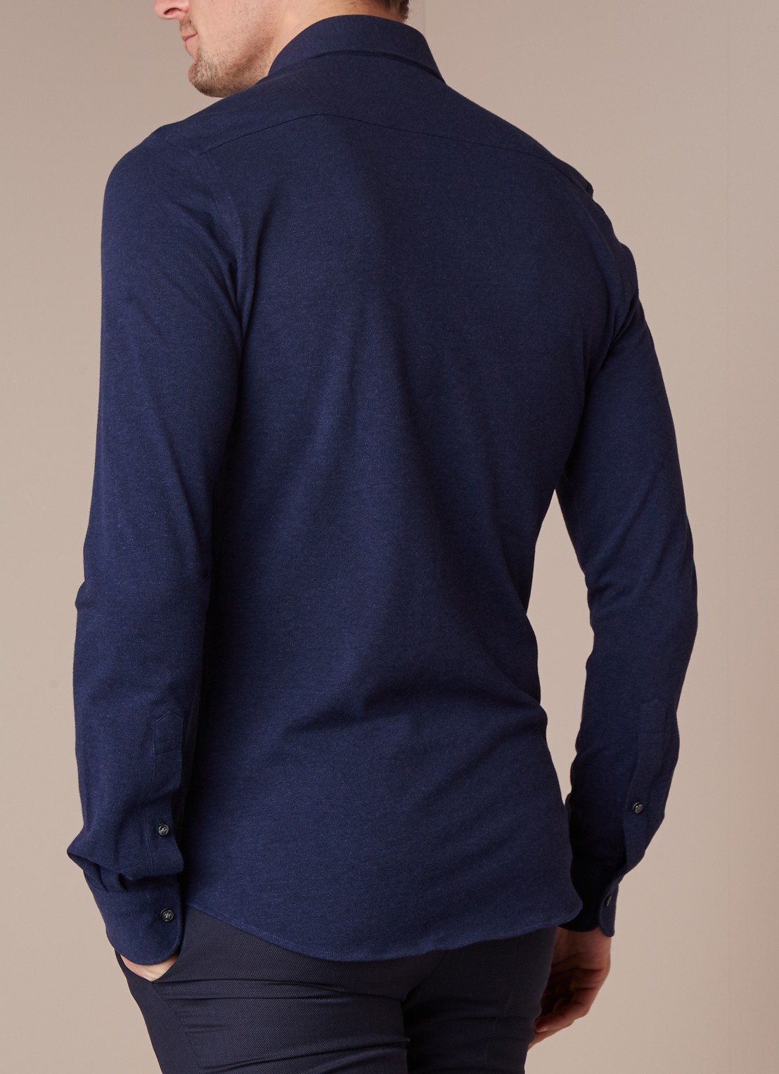 Profuomo Knitted Shirt slim fit overhemd van piqué katoen - achterkant blauw
