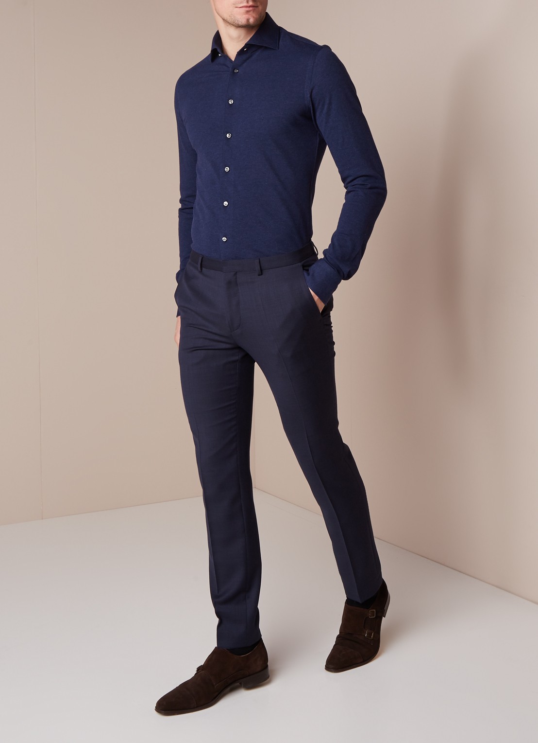 Profuomo Knitted Shirt slim fit overhemd van piqué katoen - voorkant 4 blauw