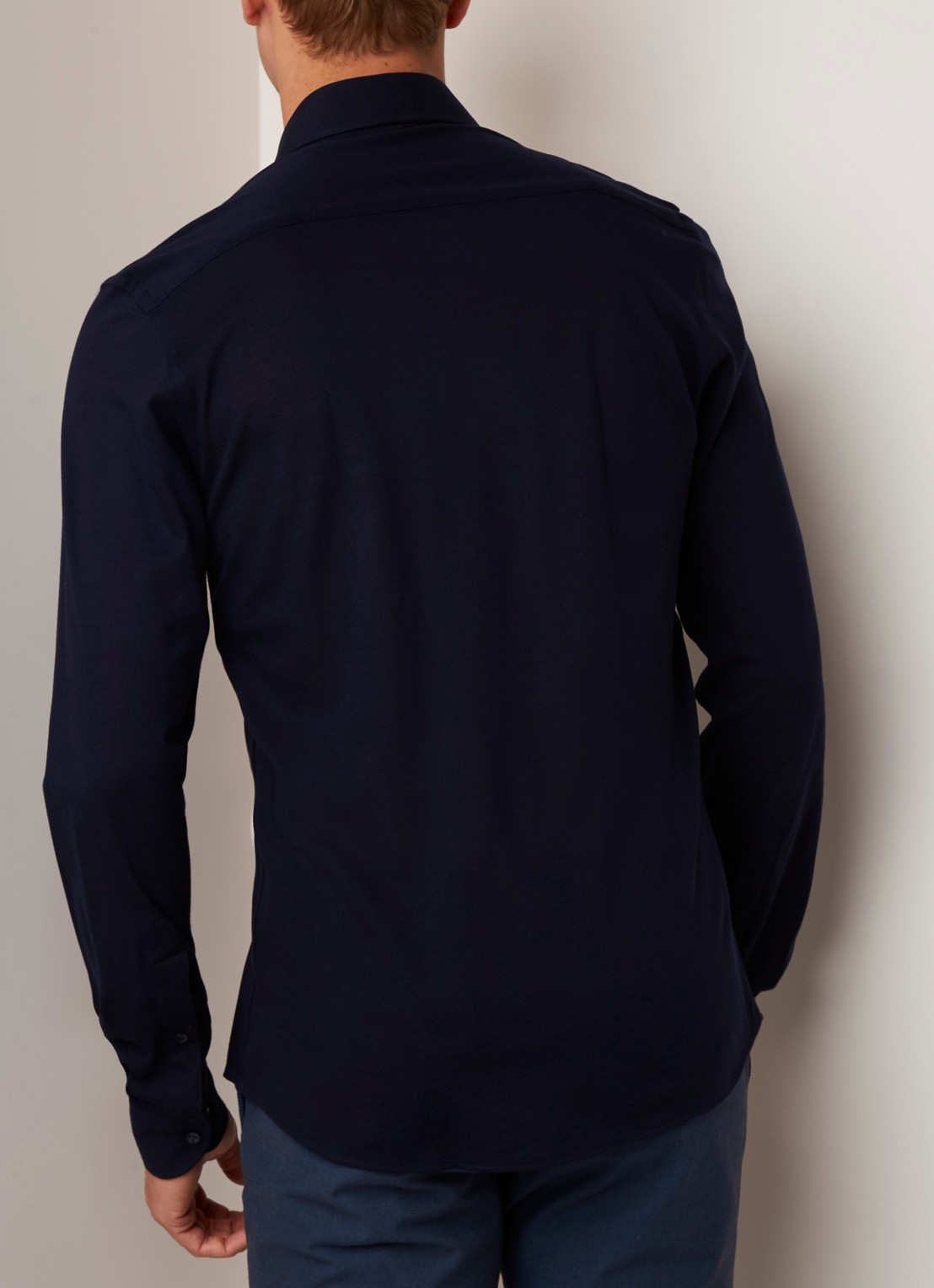 Profuomo Knitted slim fit jersey overhemd van katoen - achterkant 4 blauw