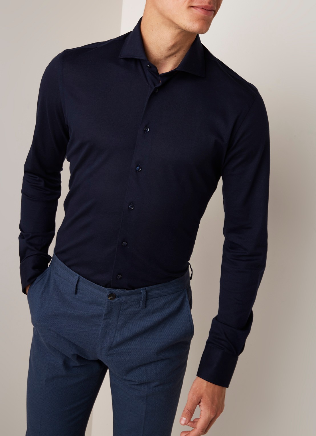 Profuomo Knitted slim fit jersey overhemd van katoen - detail 3 blauw