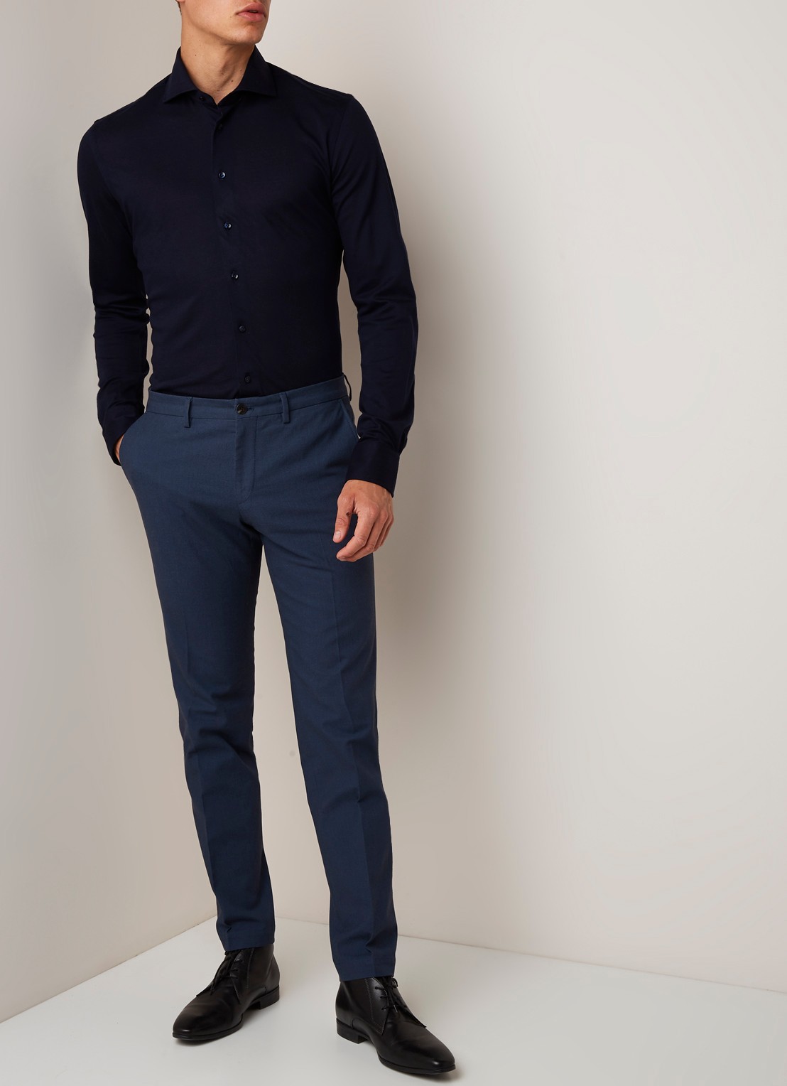 Profuomo Knitted slim fit jersey overhemd van katoen - voorkant 2 blauw