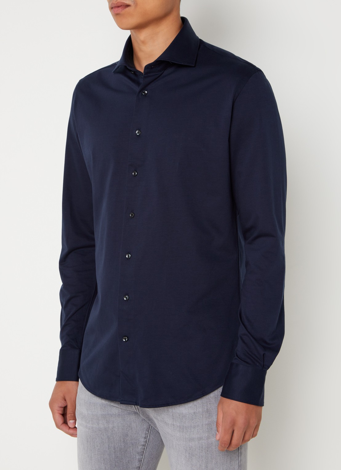 Profuomo Knitted slim fit overhemd met stretch  - detail 3 donkerblauw