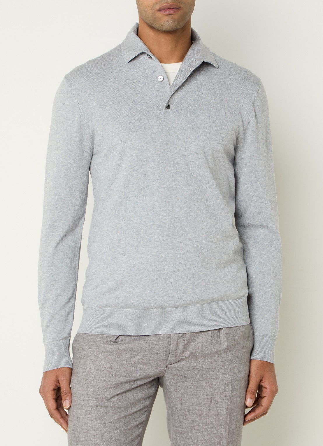 Profuomo Luxury fijngebreide regular fit polo  - detail 4 lichtgrijs