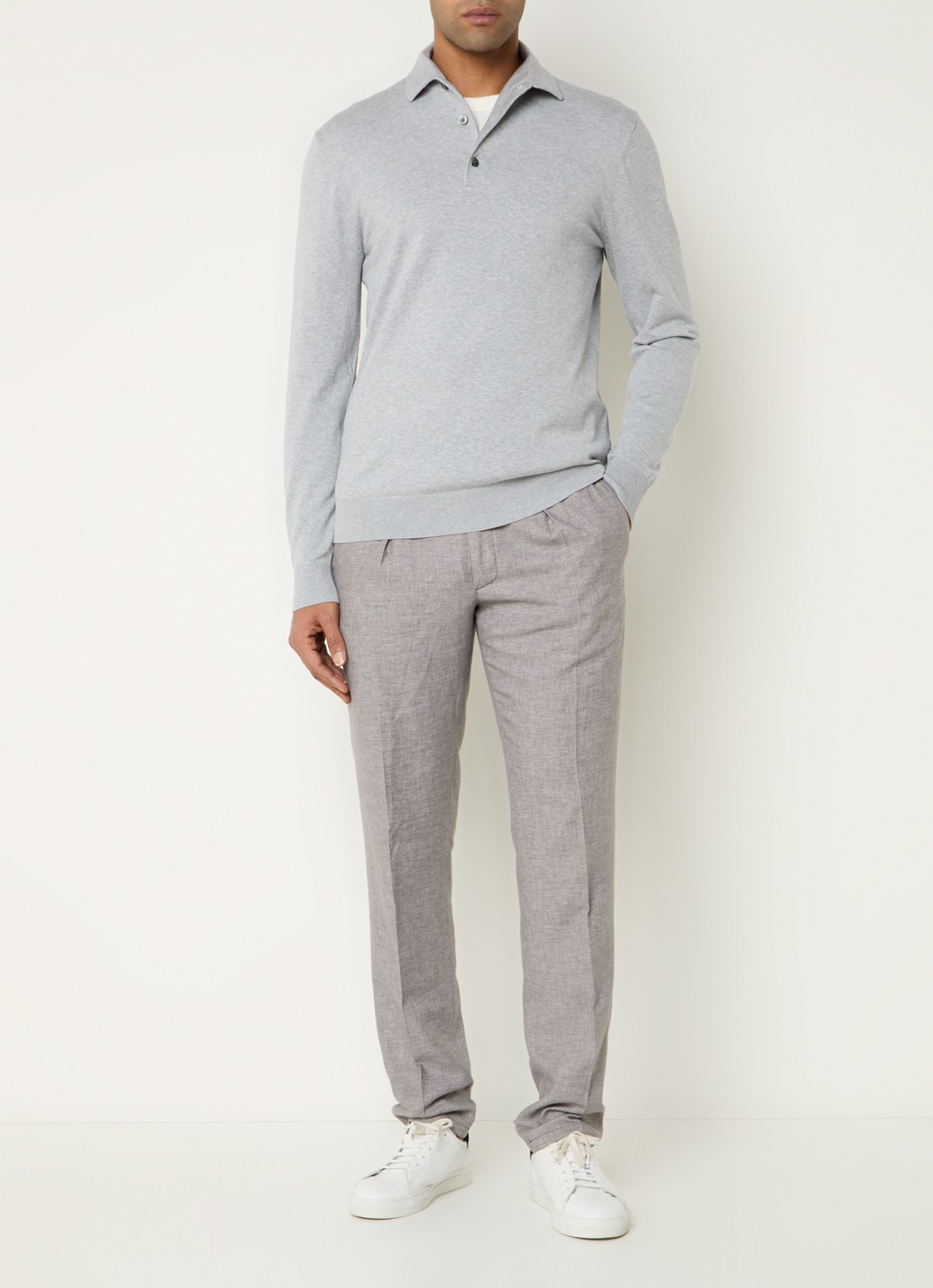Profuomo Luxury fijngebreide regular fit polo  - voorkant 3 lichtgrijs