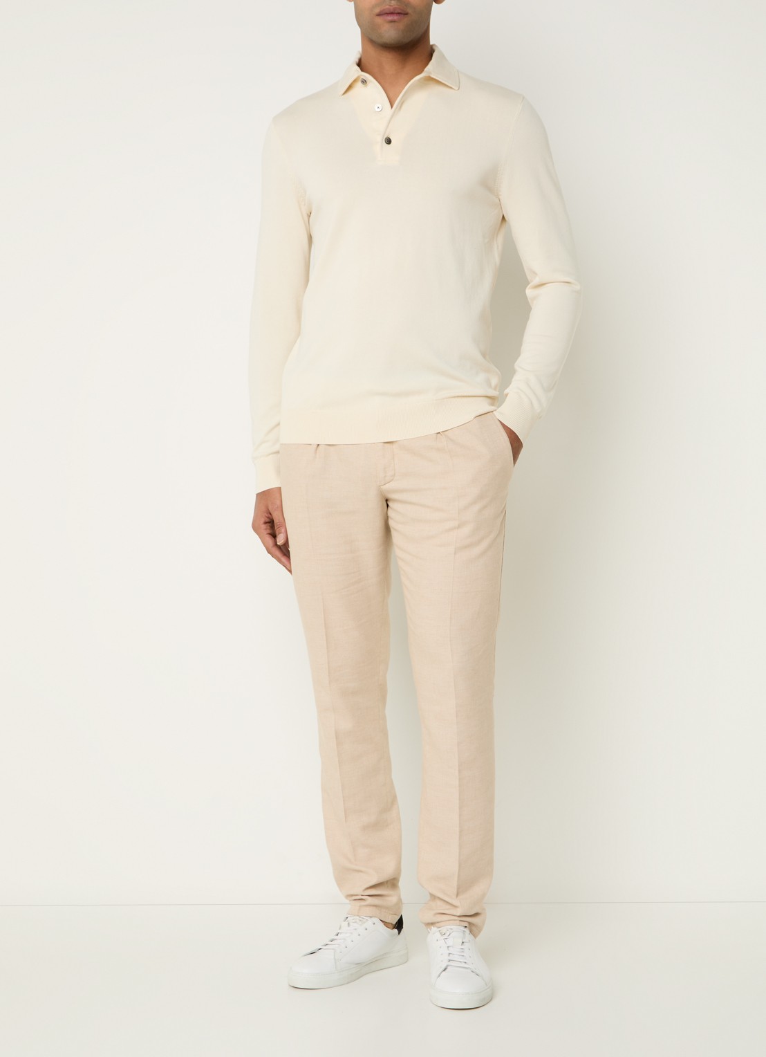 Profuomo Luxury fijngebreide regular fit polo  - voorkant 4 creme