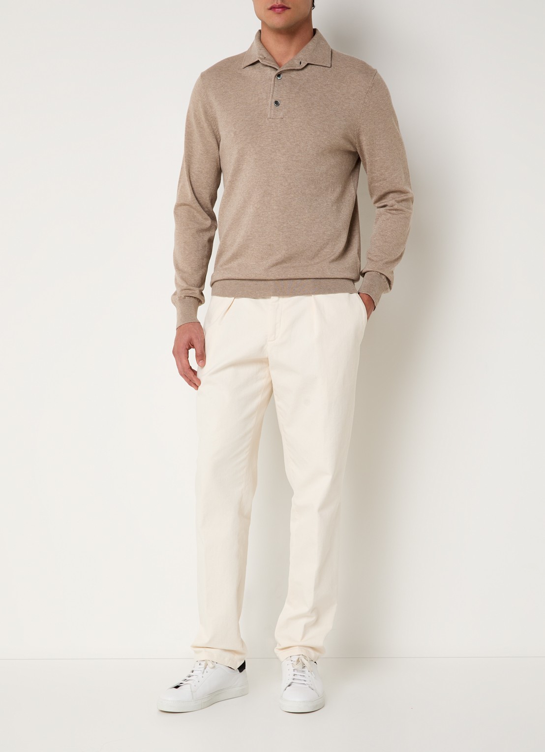 Profuomo Luxury fijngebreide regular fit polo  - voorkant 3 beige