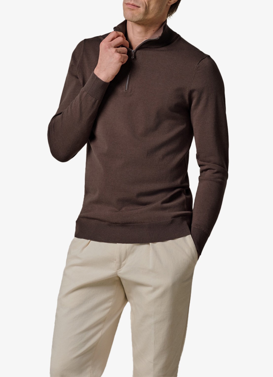 Profuomo Luxury fijngebreide trui met halve rits - detail 3 bruin