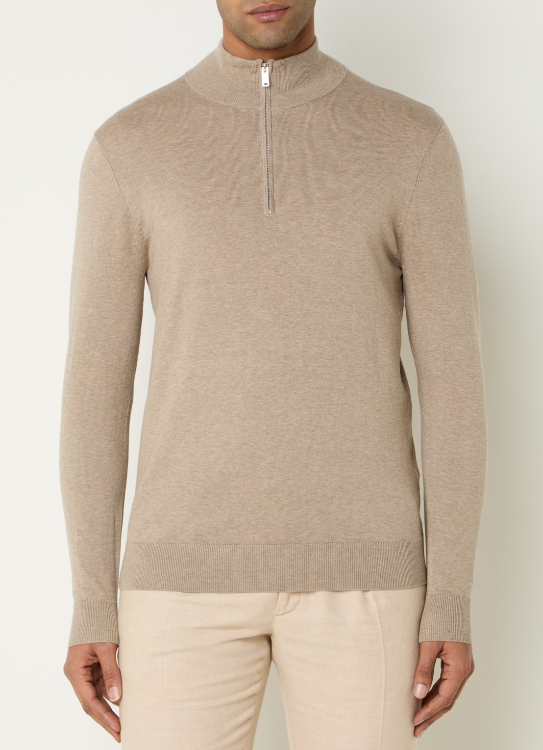 Profuomo Luxury fijngebreide trui  met halve rits - detail 4 beige