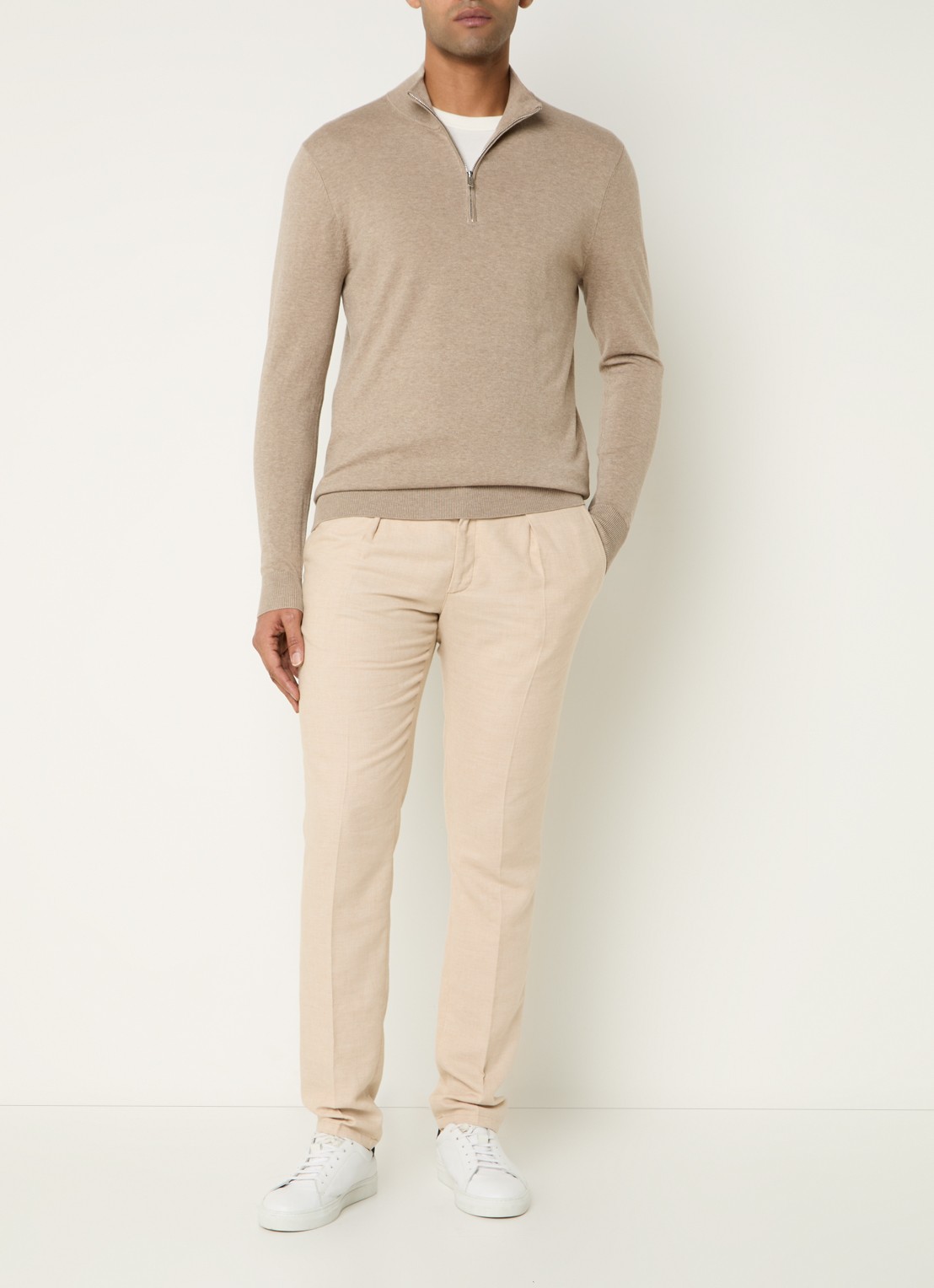 Profuomo Luxury fijngebreide trui  met halve rits - voorkant 3 beige