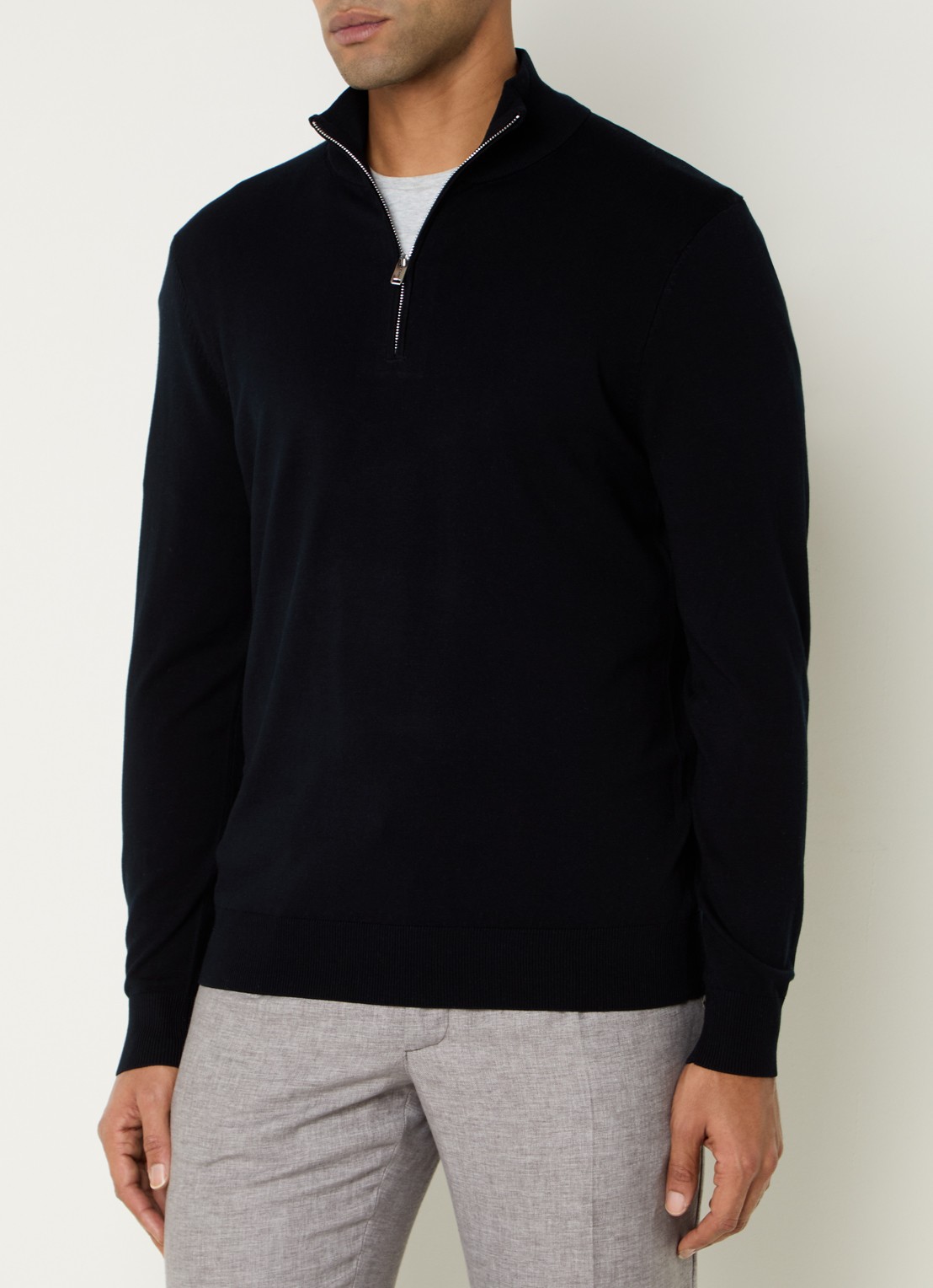 Profuomo Luxury fijngebreide trui  met halve rits - detail blauw
