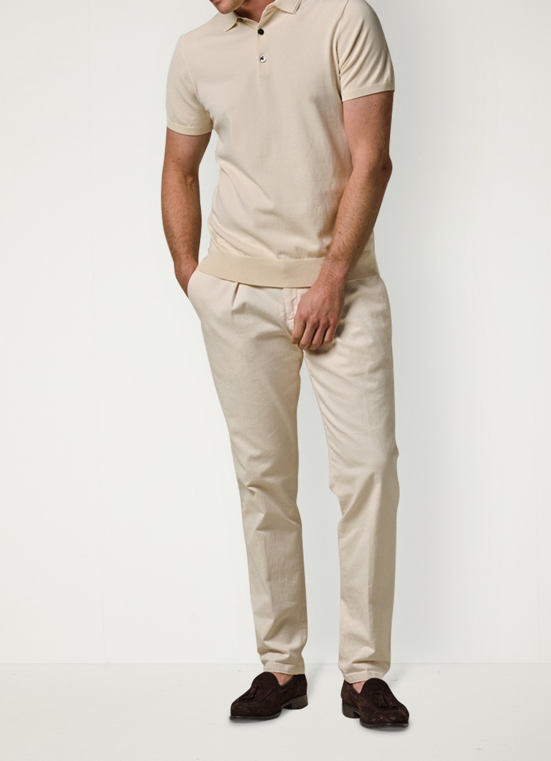 Profuomo Luxury regular fit polo met gemêleerd dessin - voorkant 2 gebroken wit