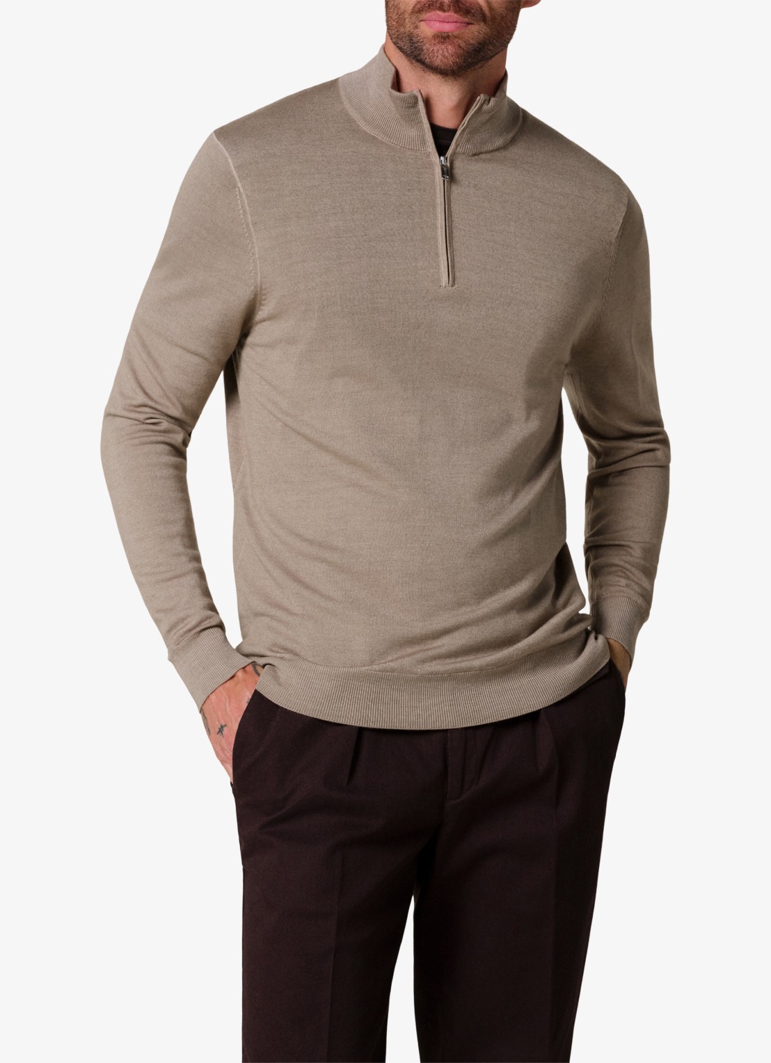 Profuomo Merino trui met halve rits - detail 4 beige