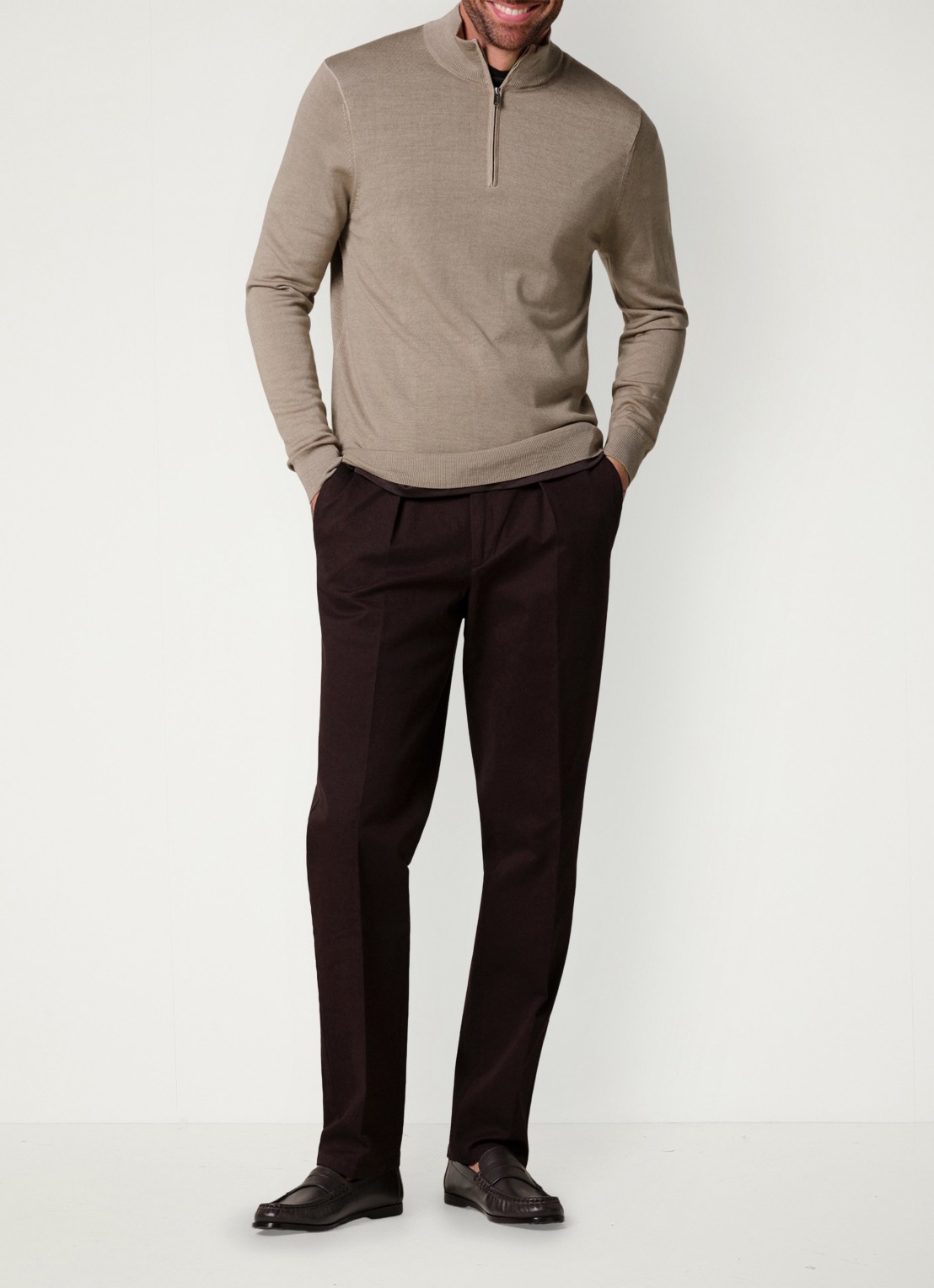 Profuomo Merino trui met halve rits - voorkant 2 beige