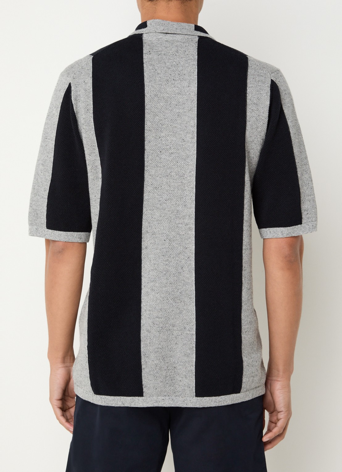 Profuomo Regular fit fijngebreide polo in linnenblend met streepprint - achterkant donkerblauw