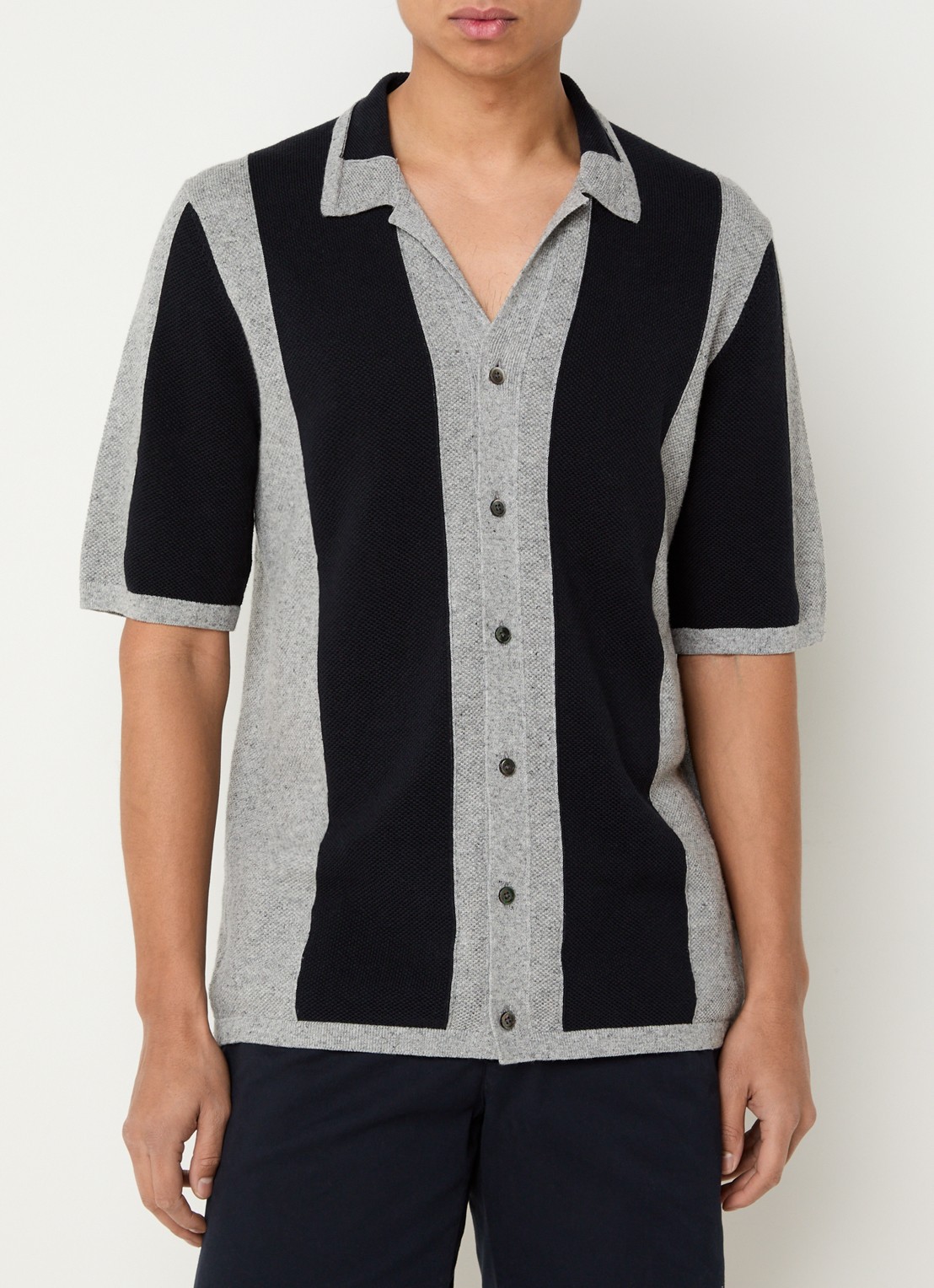 Profuomo Regular fit fijngebreide polo in linnenblend met streepprint - detail 2 donkerblauw