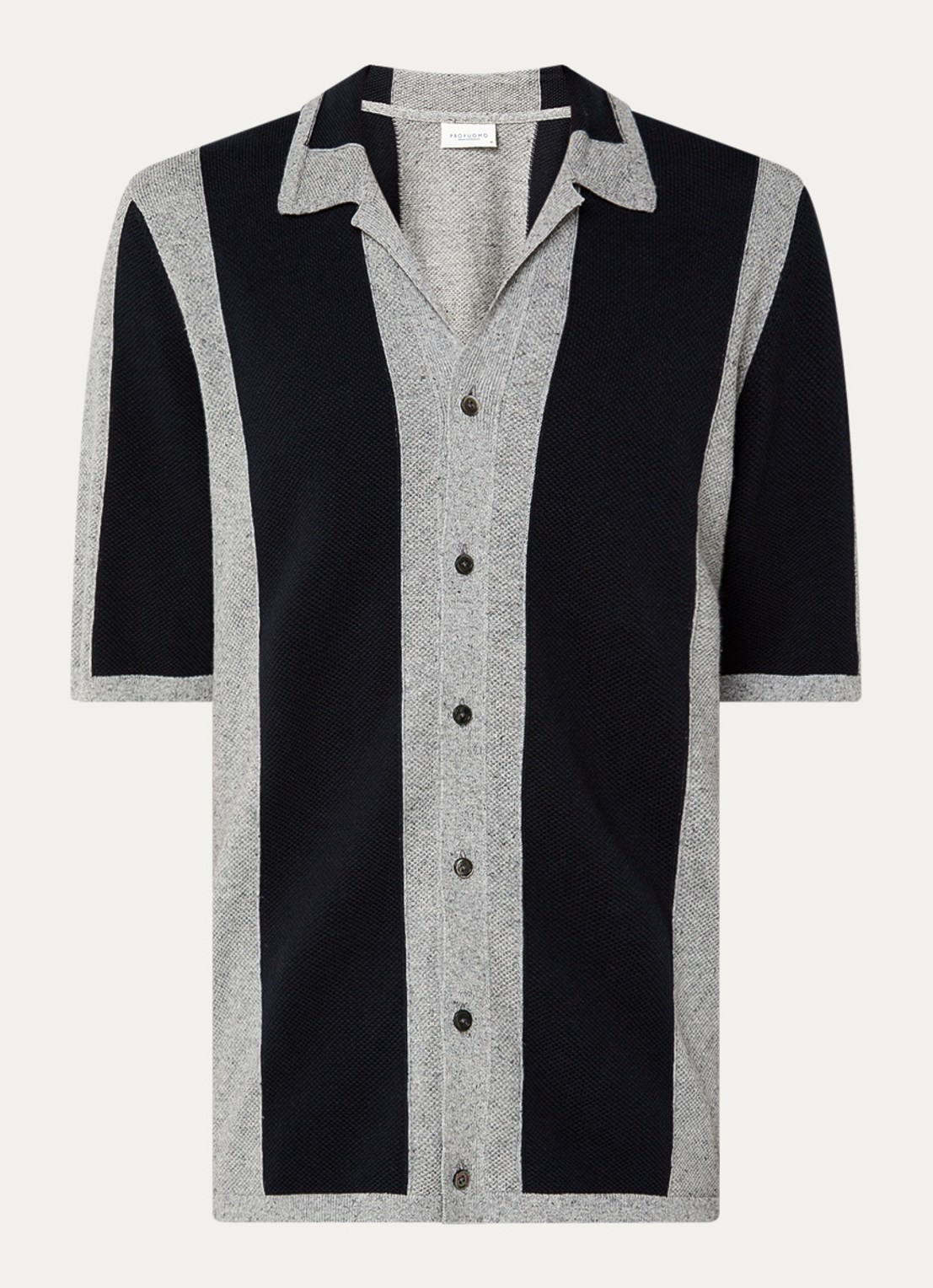 Profuomo Regular fit fijngebreide polo in linnenblend met streepprint - voorkant 3 donkerblauw