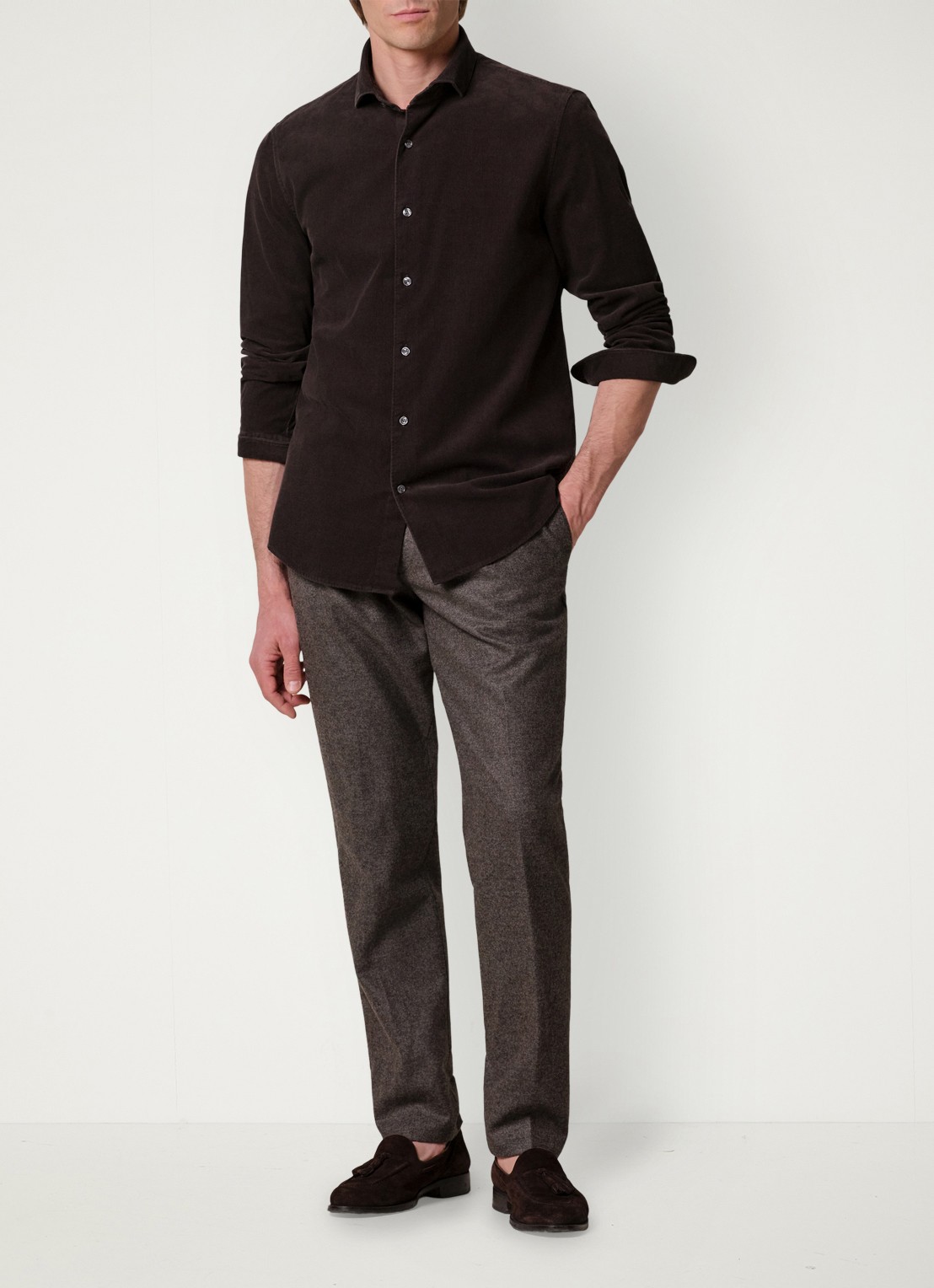 Profuomo Regular fit overhemd van corduroy - voorkant 6 donkerbruin