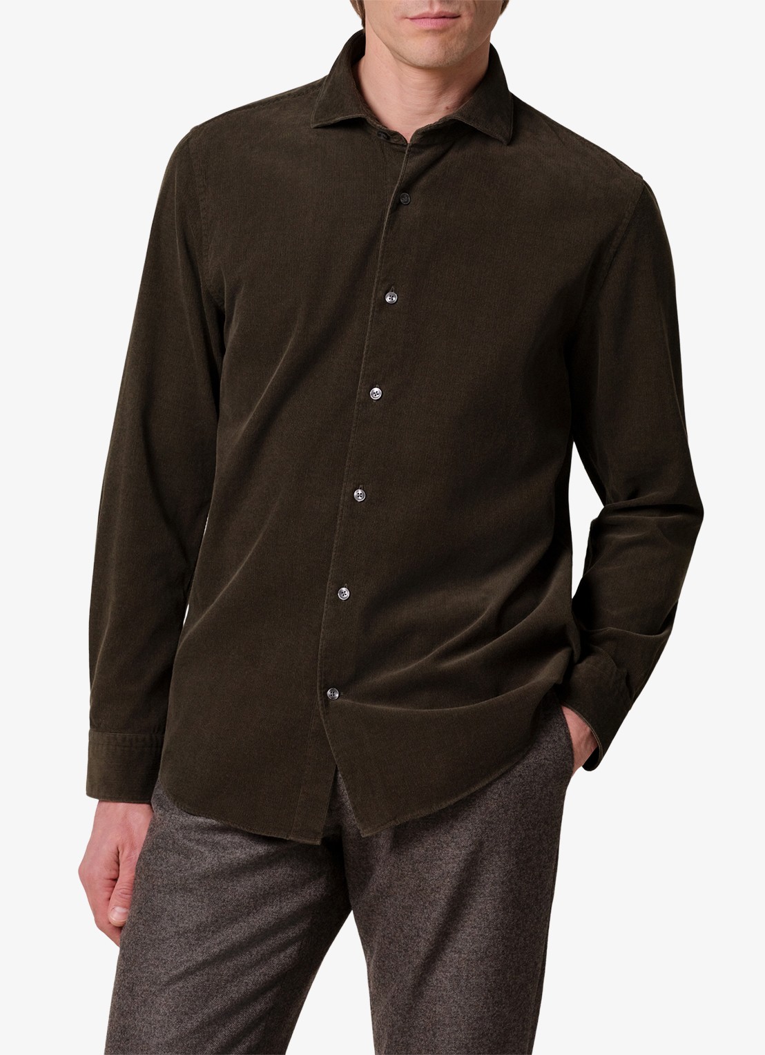 Profuomo Regular fit overhemd van corduroy - detail donkergroen