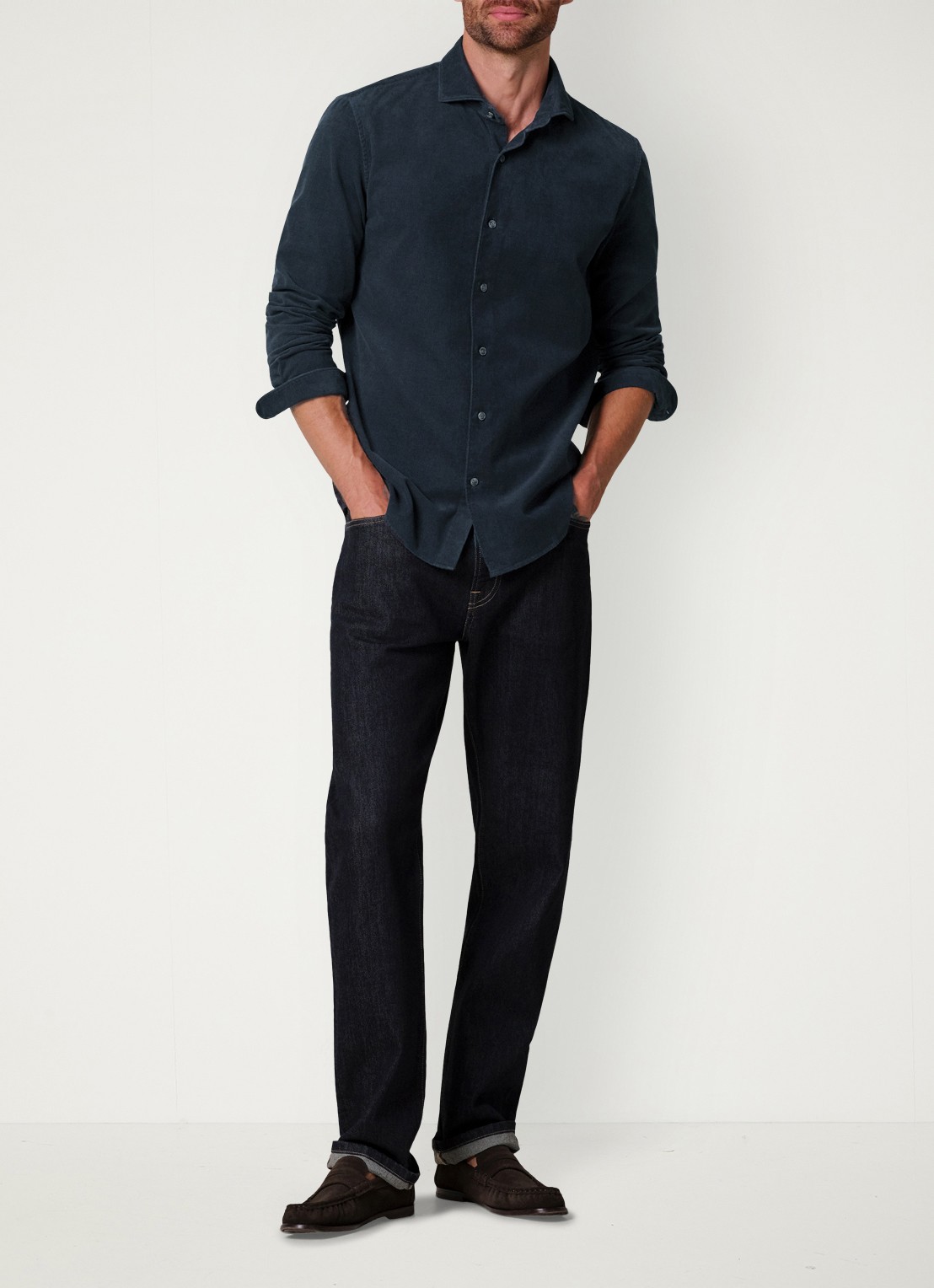 Profuomo Regular fit overhemd van corduroy - voorkant 5 donkerblauw
