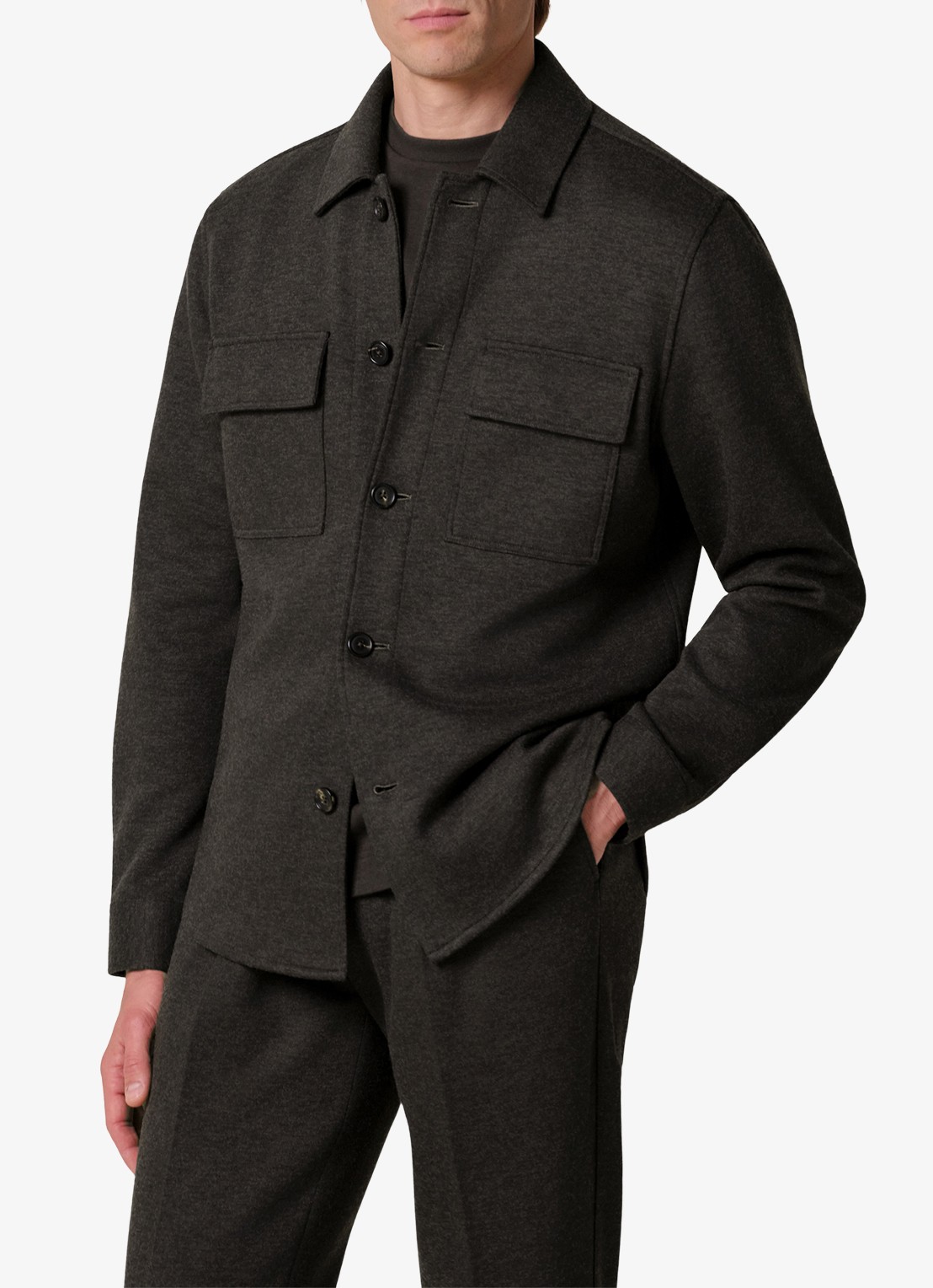 Profuomo Regular fit overshirt in wolblend met klepzakken - detail donkerbruin