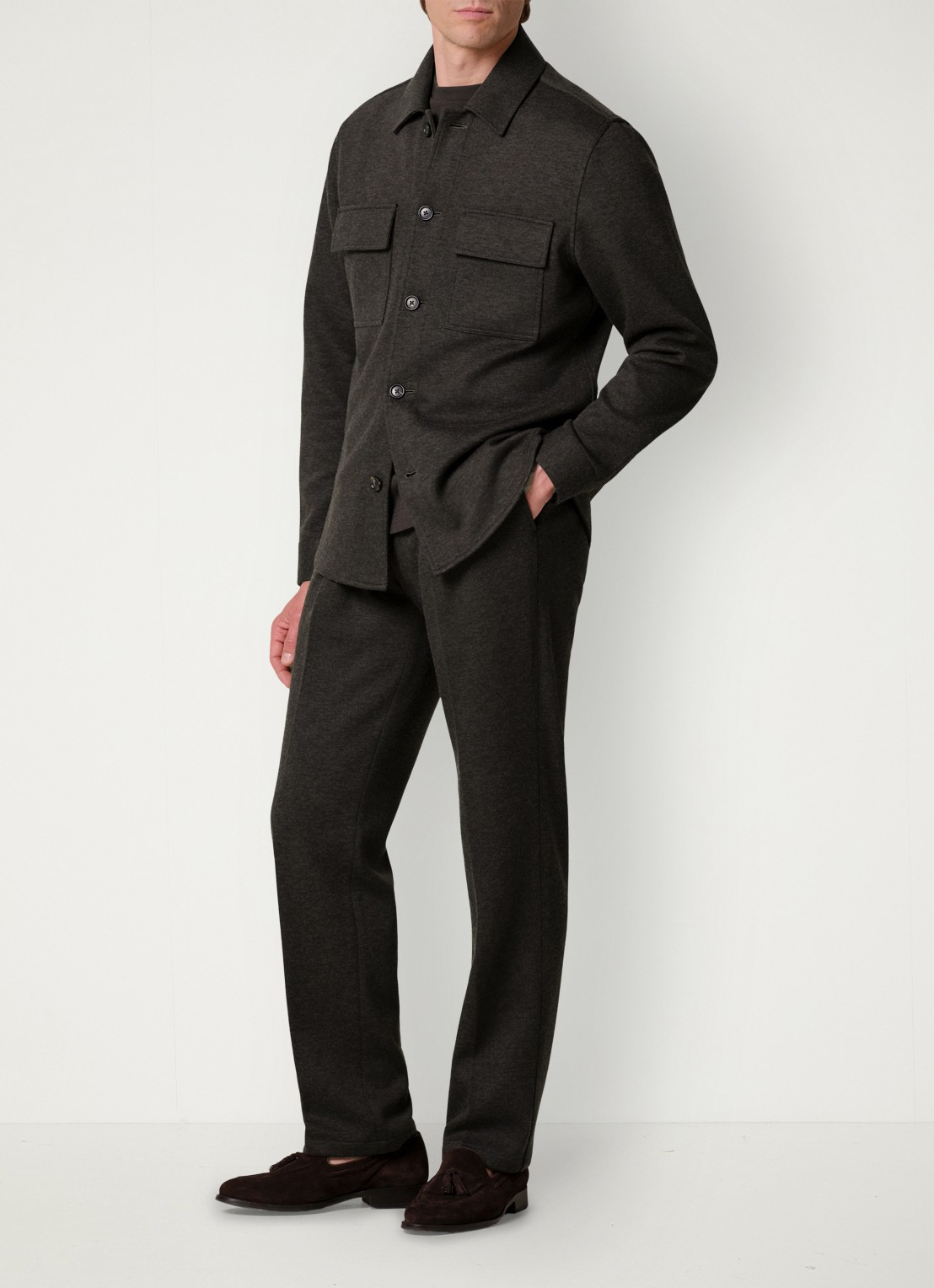 Profuomo Regular fit overshirt in wolblend met klepzakken - voorkant 6 donkerbruin
