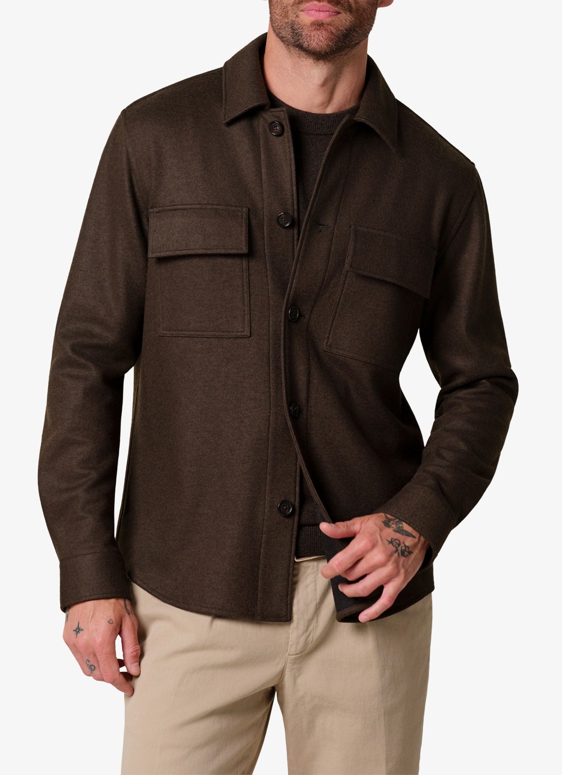 Profuomo Regular fit overshirt in wolblend met klepzakken - detail 4 donkergroen