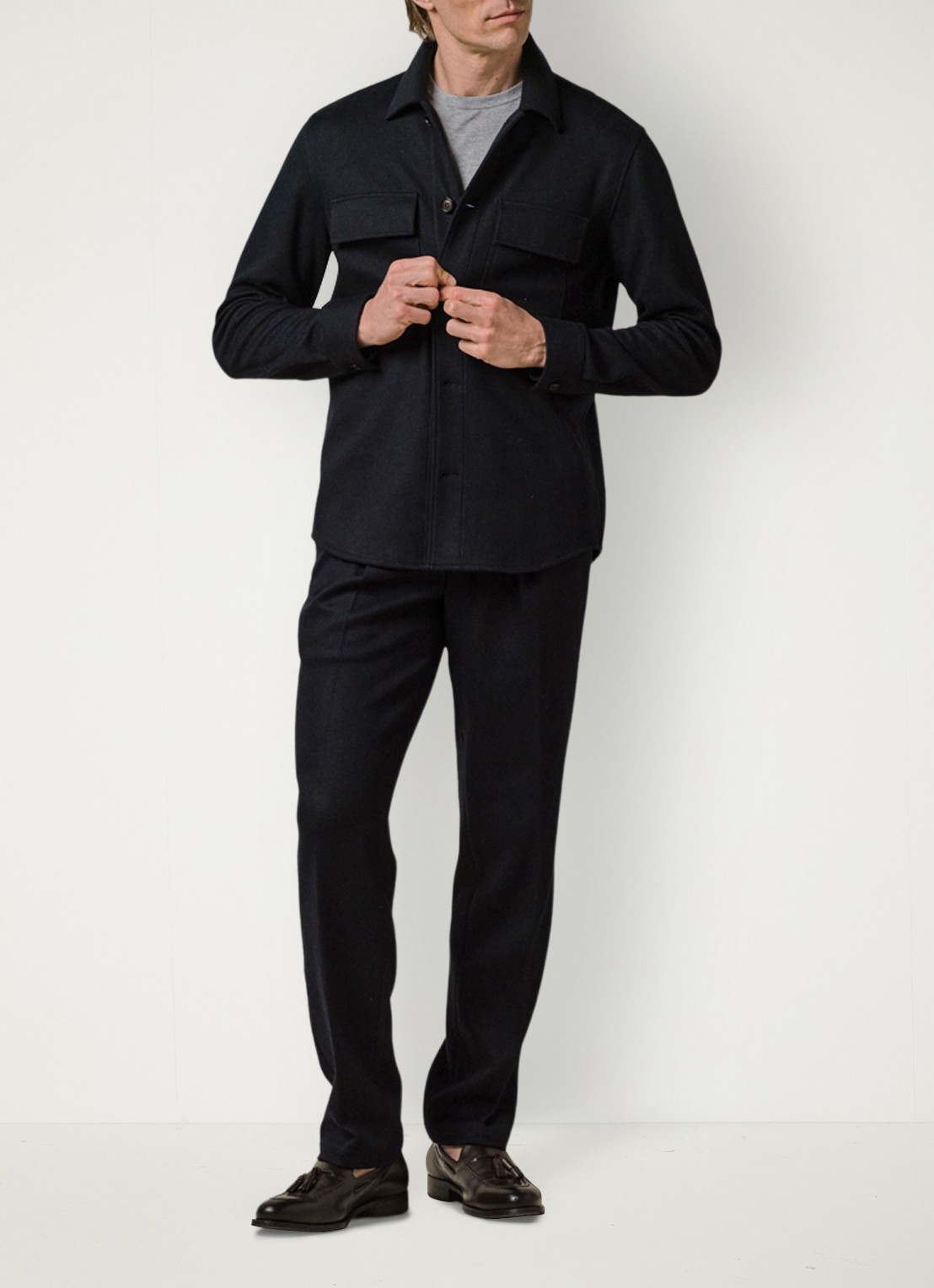 Profuomo Regular fit overshirt in wolblend met klepzakken - voorkant 2 donkerblauw