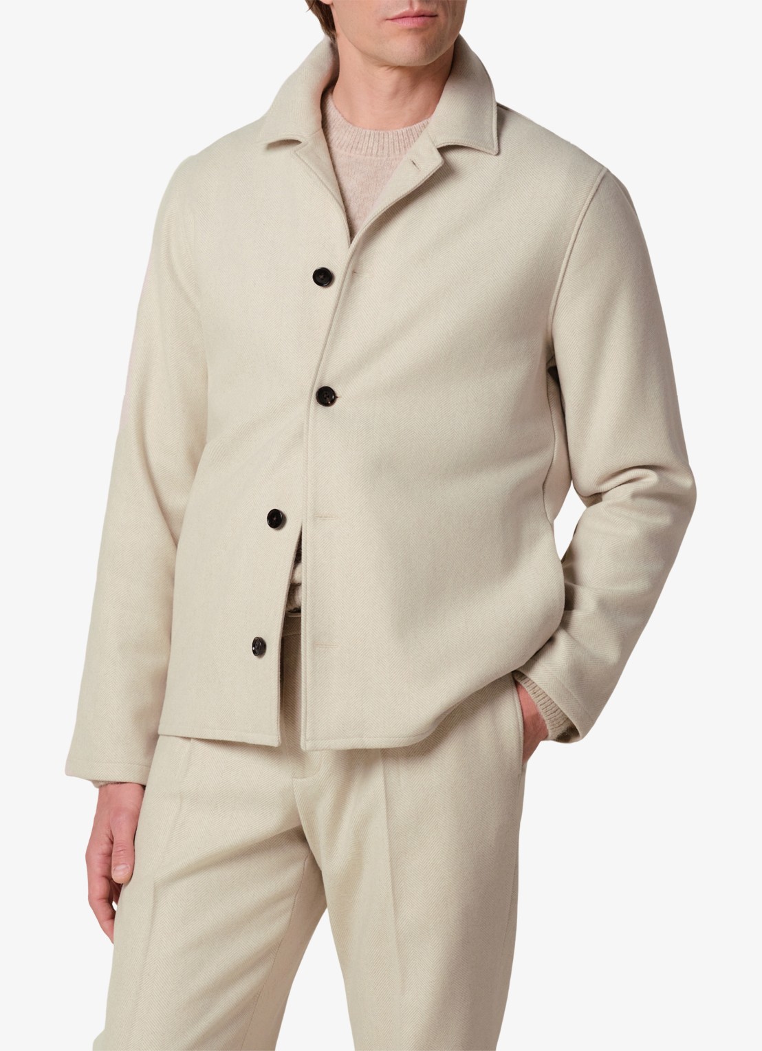 Profuomo Regular fit overshirt met visgraatdessin van wol - detail beige