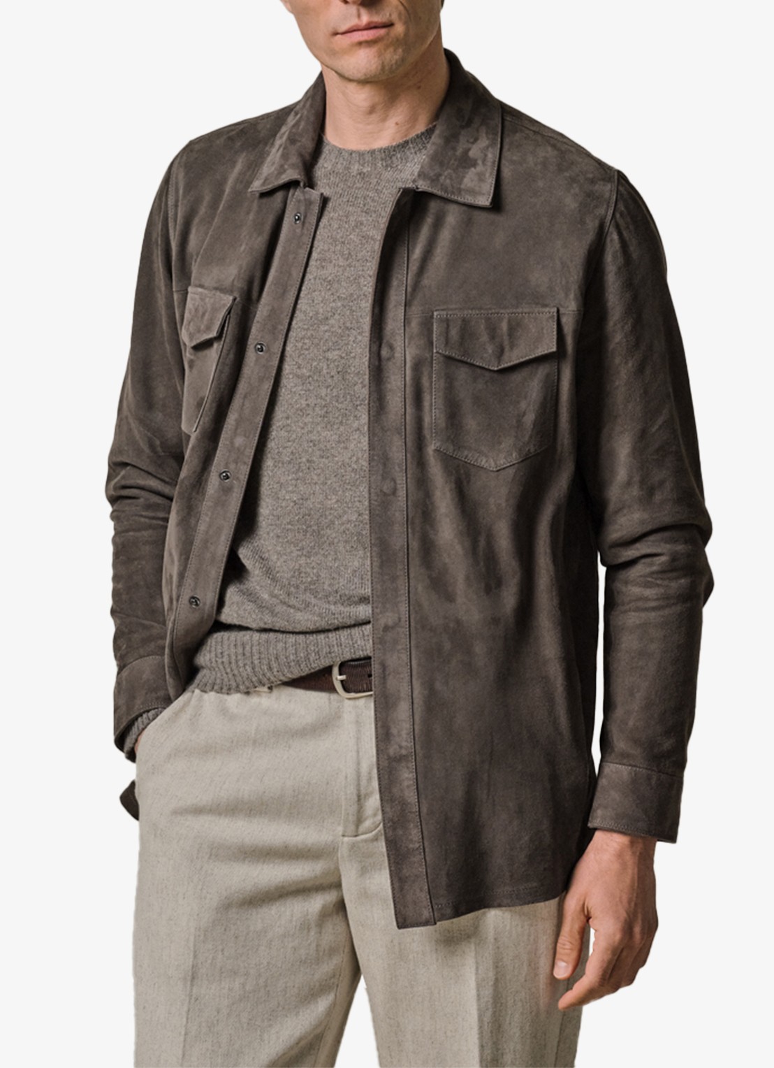 Profuomo Regular fit overshirt van suède met borstzakken - detail taupe