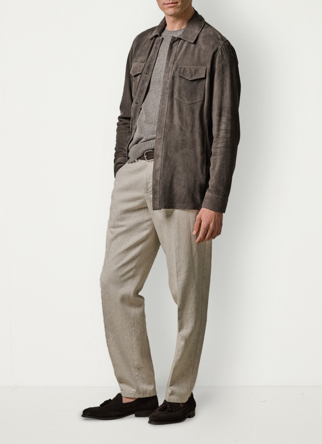 Profuomo Regular fit overshirt van suède met borstzakken - voorkant 5 taupe