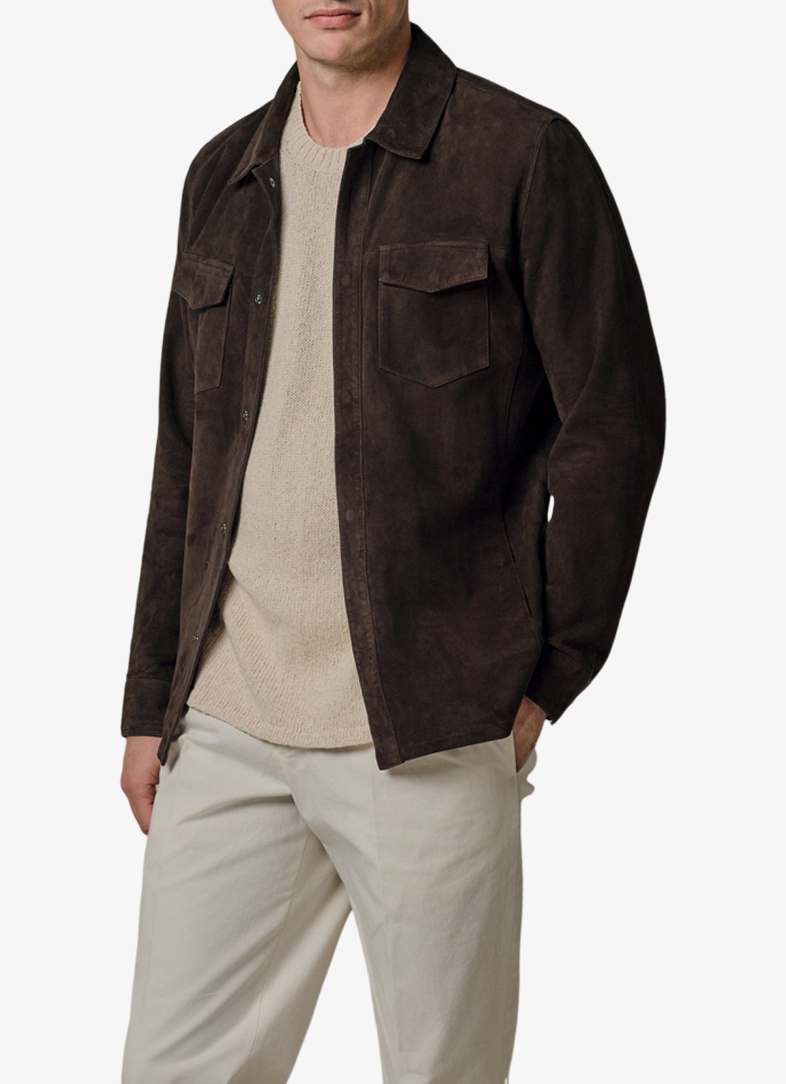 Profuomo Regular fit overshirt van suède - detail donkerbruin