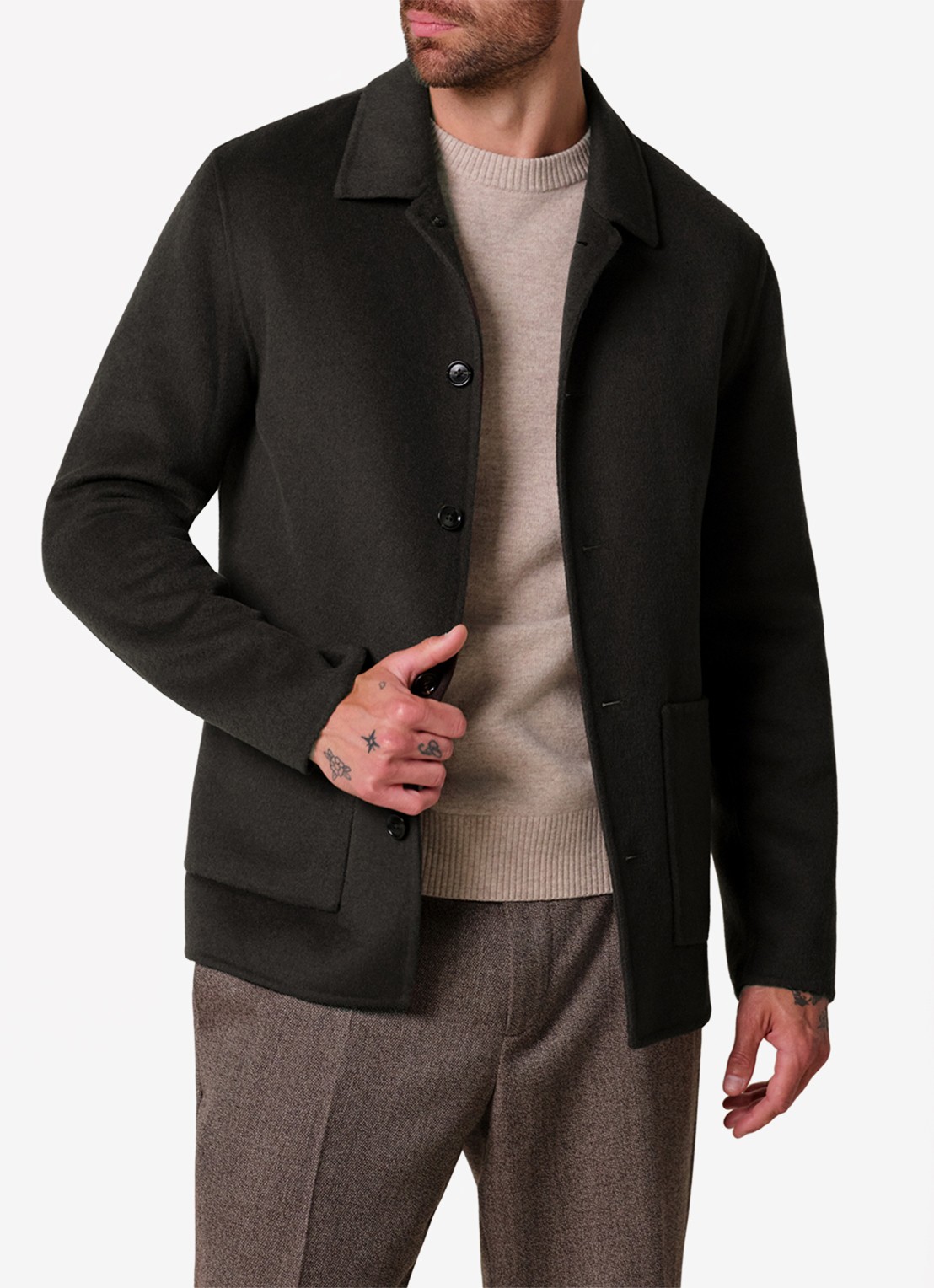 Profuomo Regular fit overshirt van wol met opgestike zakken - detail 4 donkerbruin