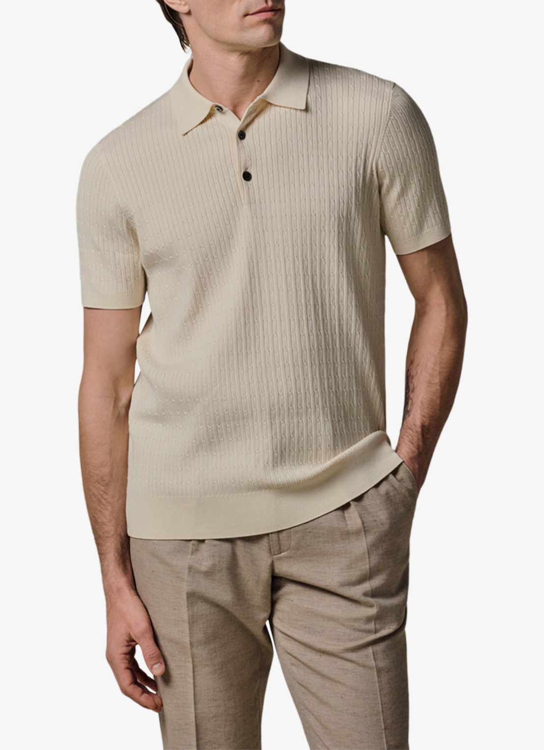 Profuomo Regular fit polo in zijdeblend - detail gebroken wit
