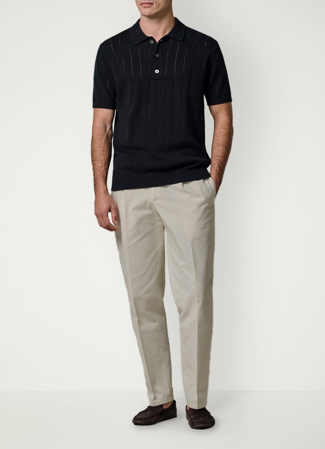 Profuomo Regular fit polo met opengewerkt dessin - voorkant 6 donkerblauw