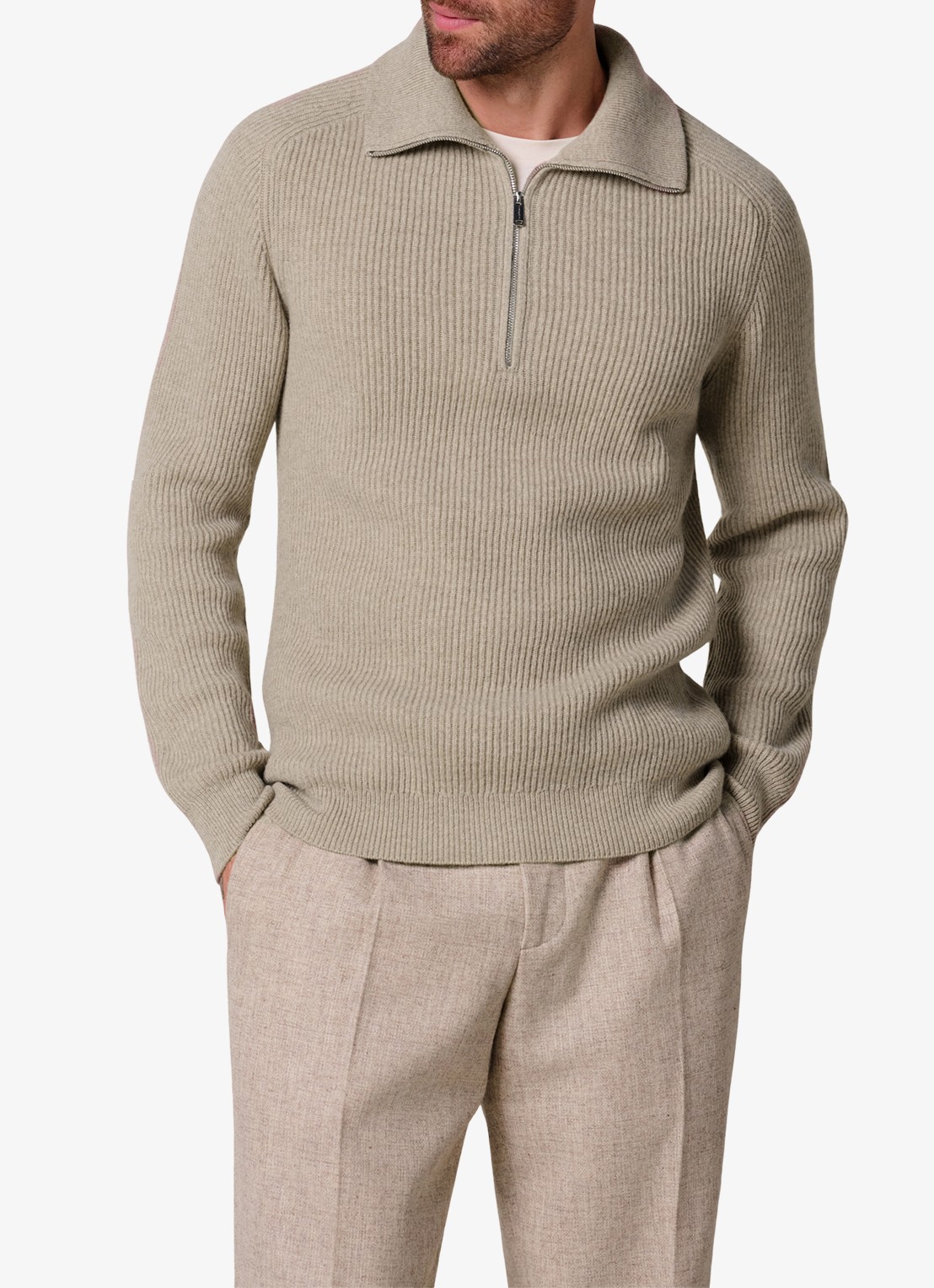 Profuomo Ribgebreide trui van wol met halve rits - detail 3 beige