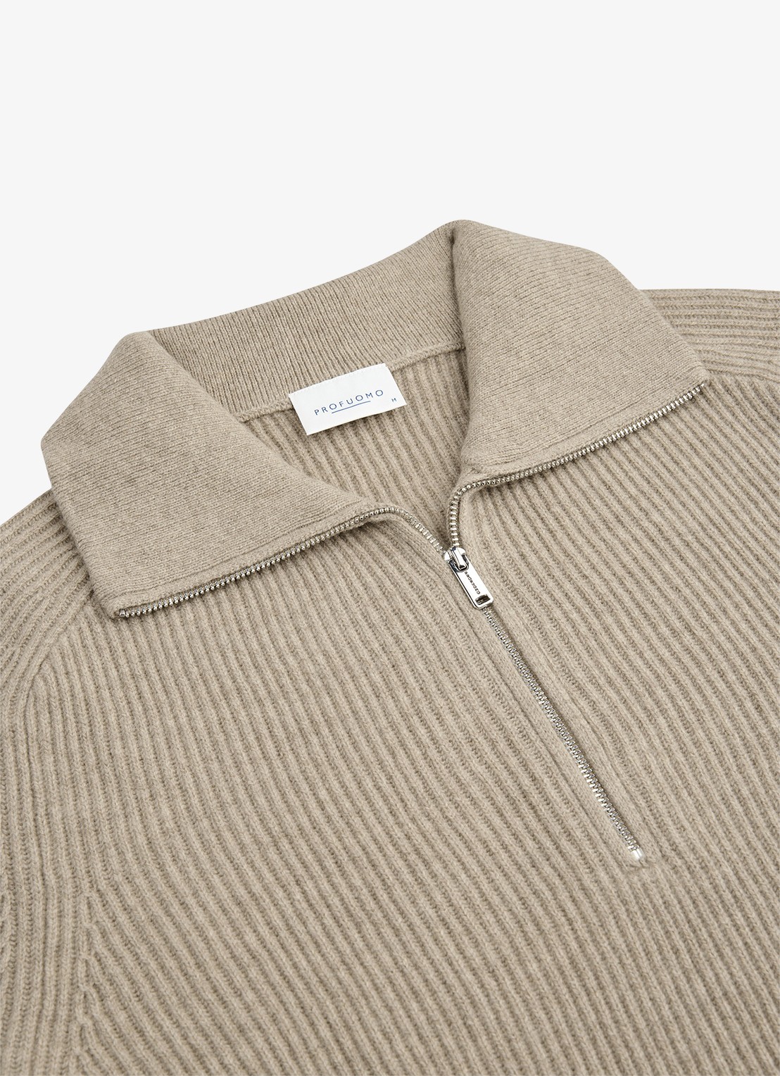 Profuomo Ribgebreide trui van wol met halve rits - detail 4 beige