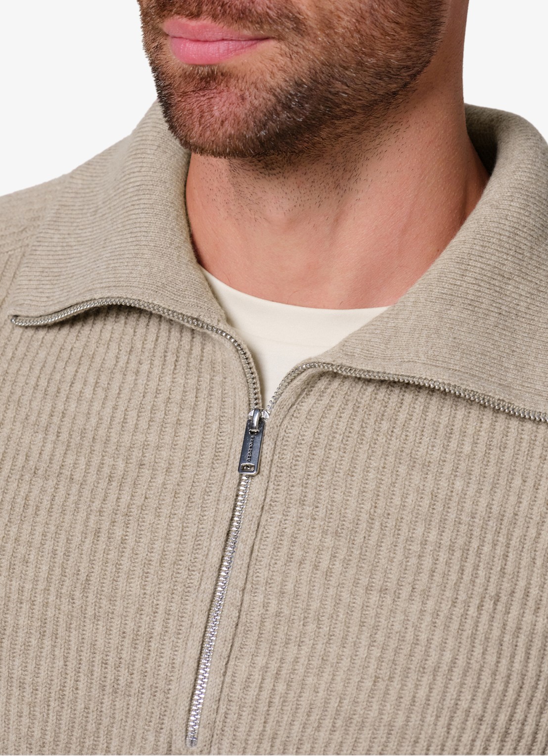Profuomo Ribgebreide trui van wol met halve rits - detail 5 beige