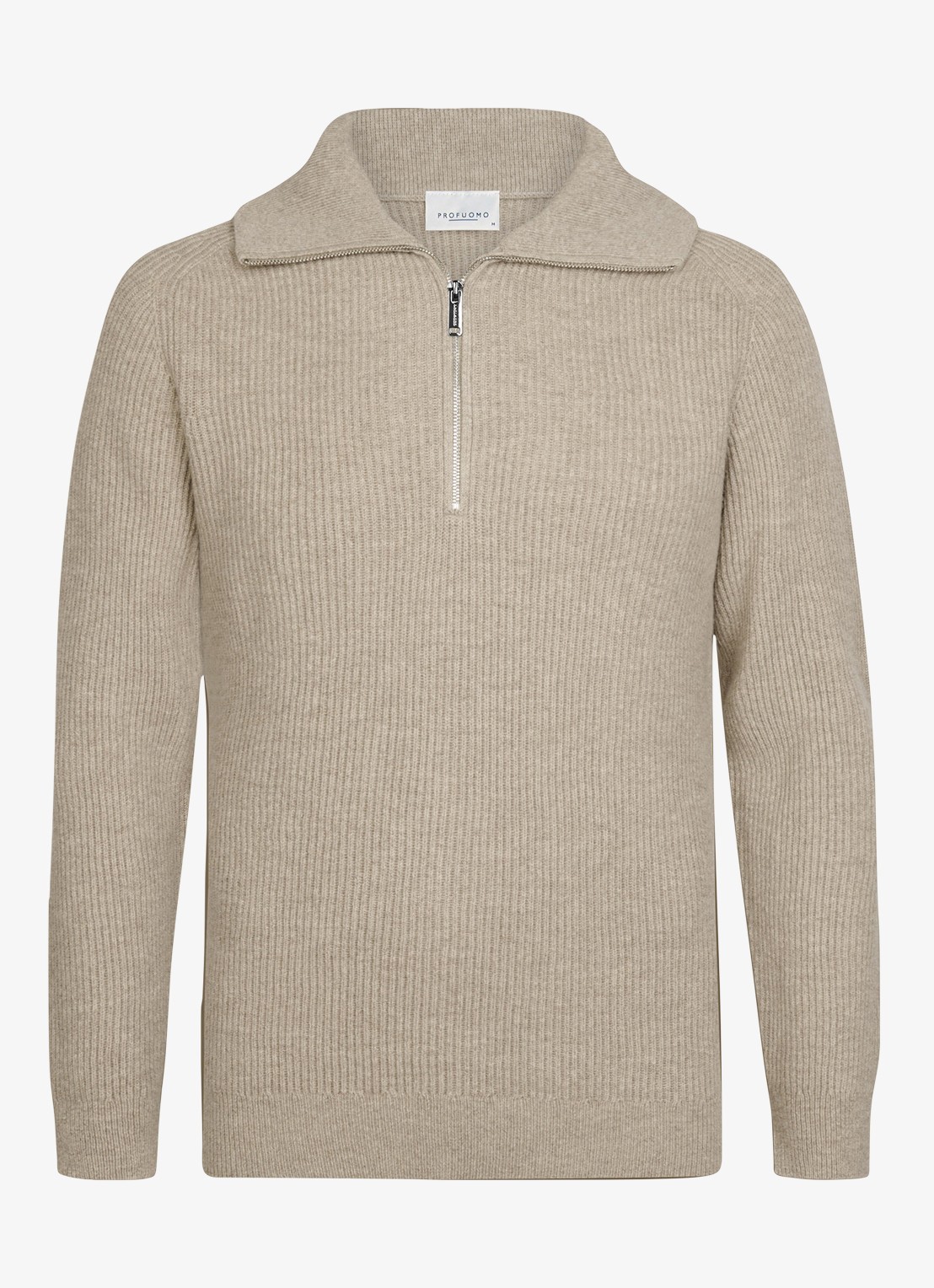 Profuomo Ribgebreide trui van wol met halve rits - voorkant beige