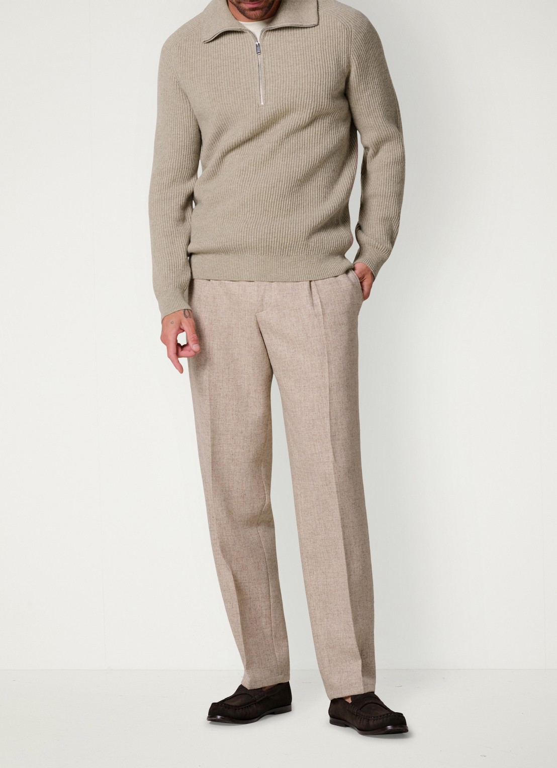 Profuomo Ribgebreide trui van wol met halve rits - voorkant 2 beige