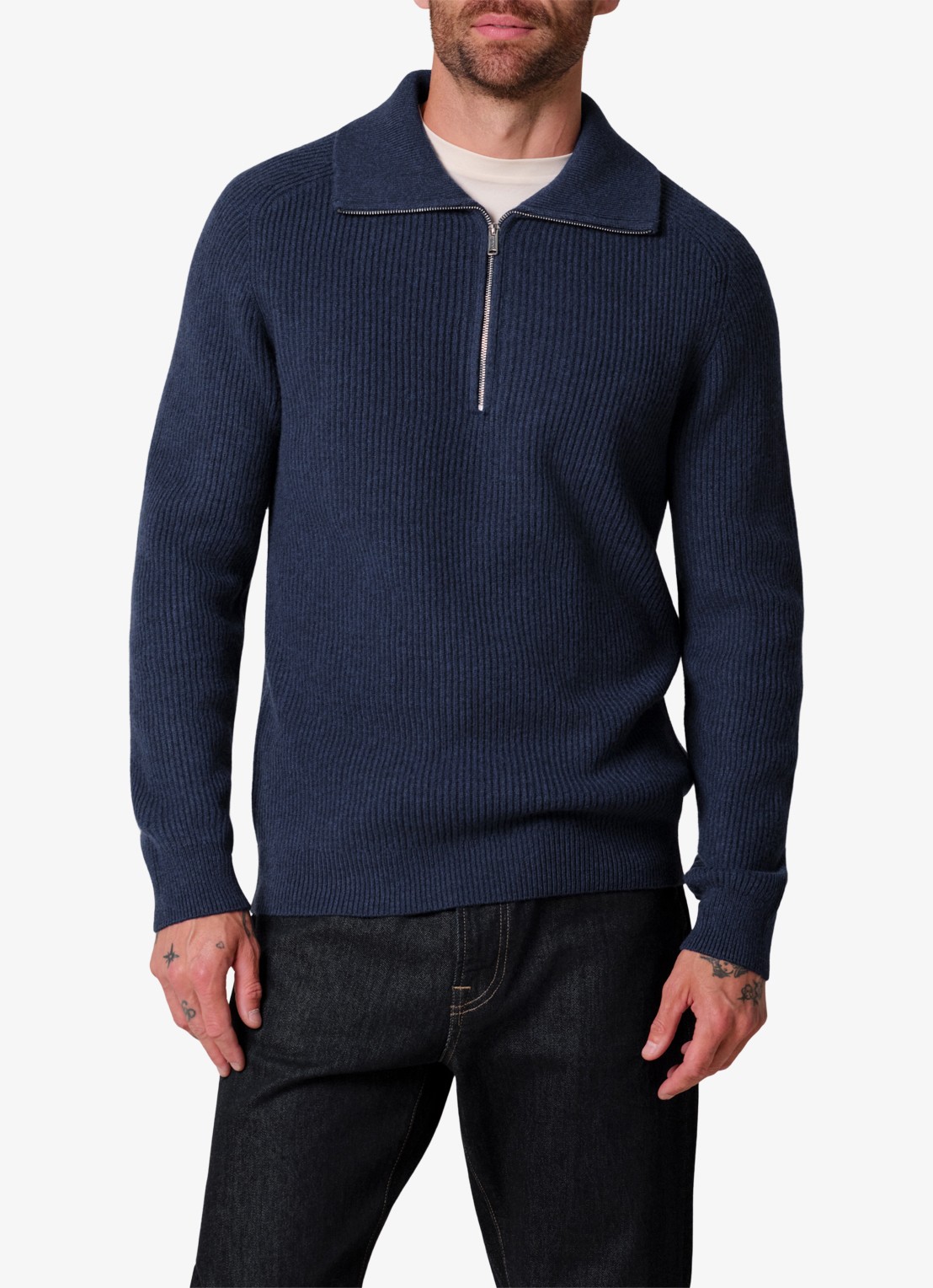 Profuomo Ribgebreide trui van wol met halve rits - detail 3 staalblauw