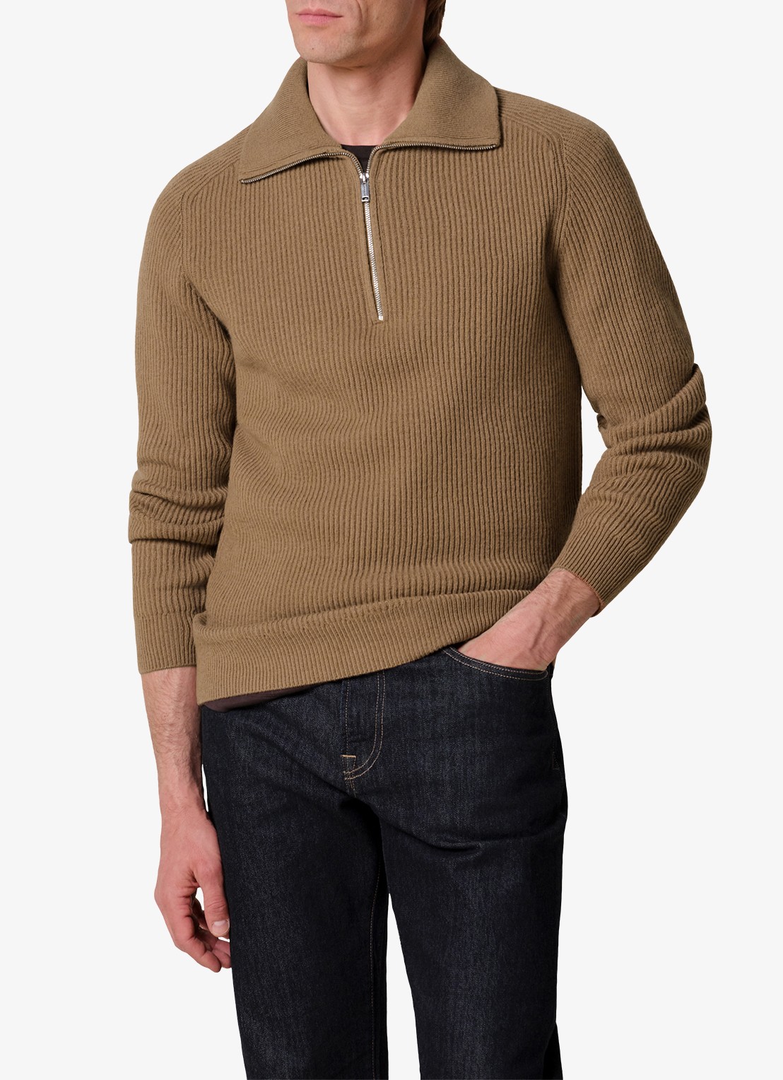 Profuomo Ribgebreide trui van wol met halve rits - detail 3 cognac