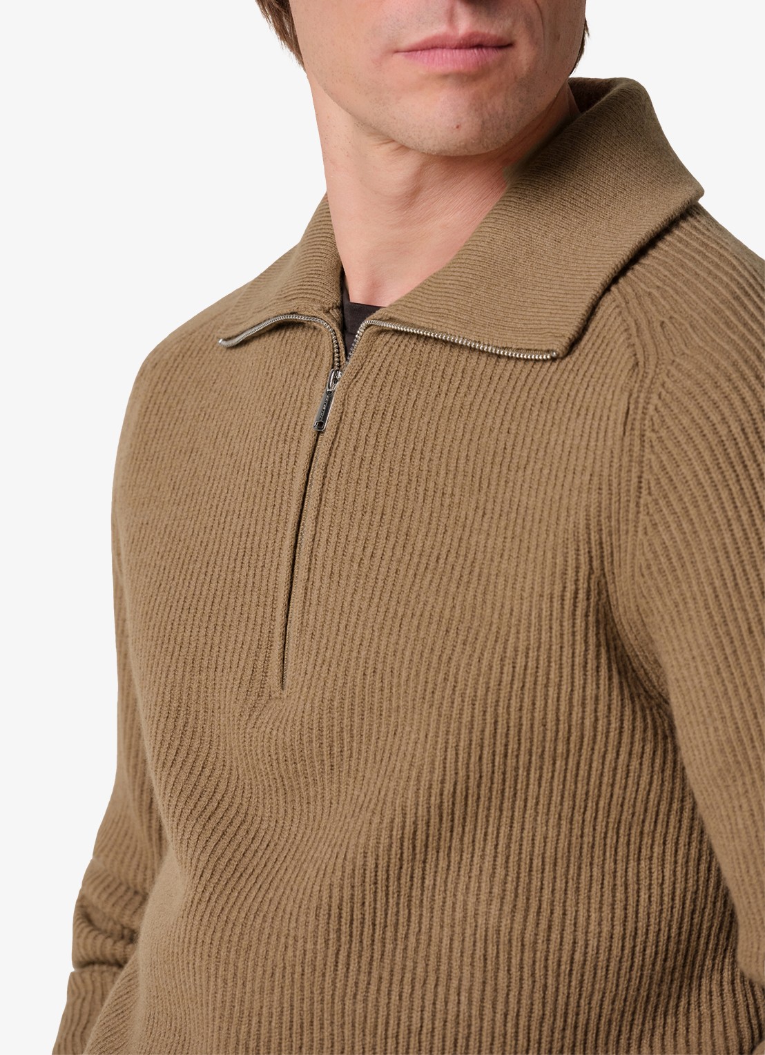 Profuomo Ribgebreide trui van wol met halve rits - detail 5 cognac