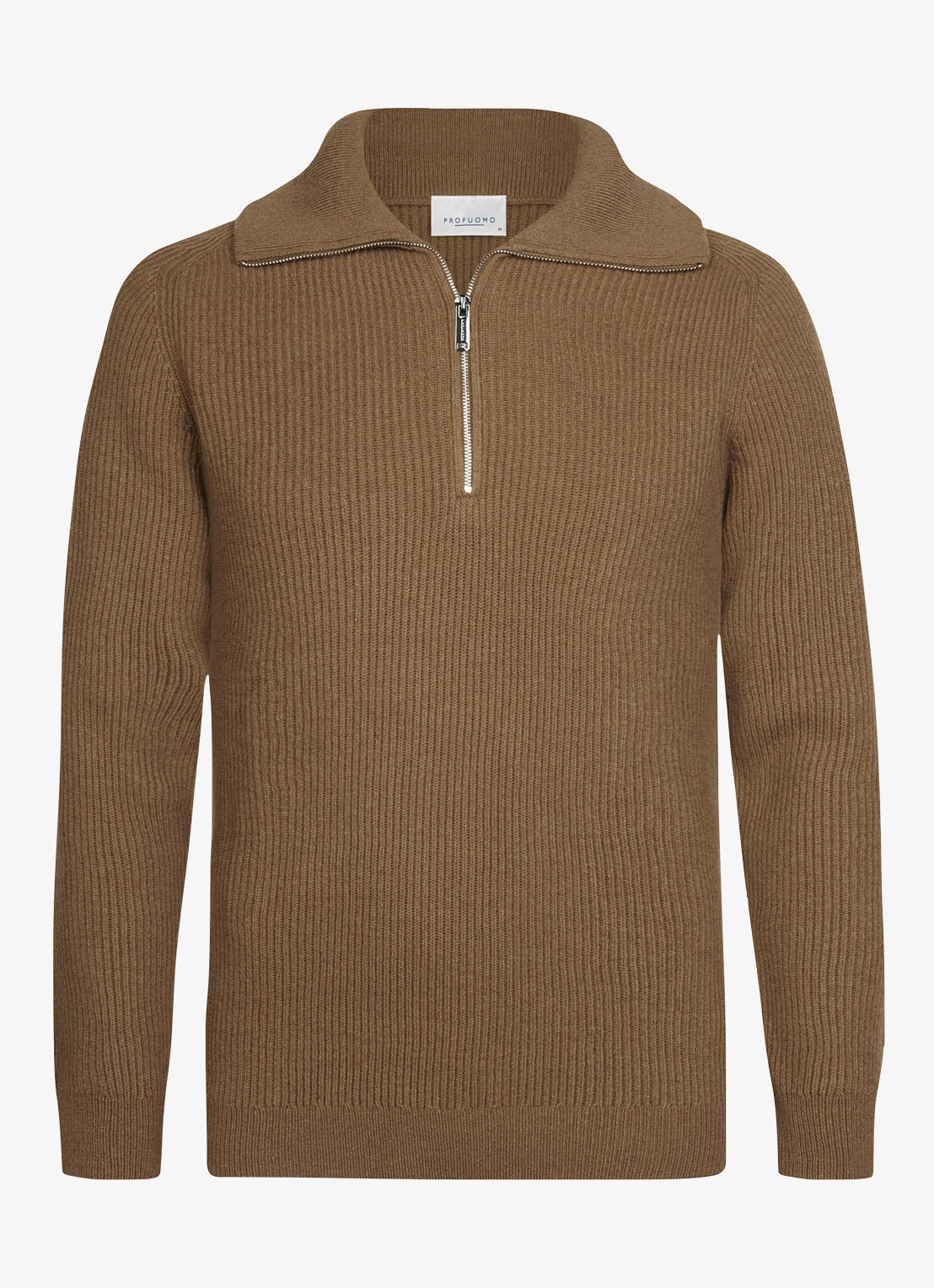 Profuomo Ribgebreide trui van wol met halve rits - voorkant cognac