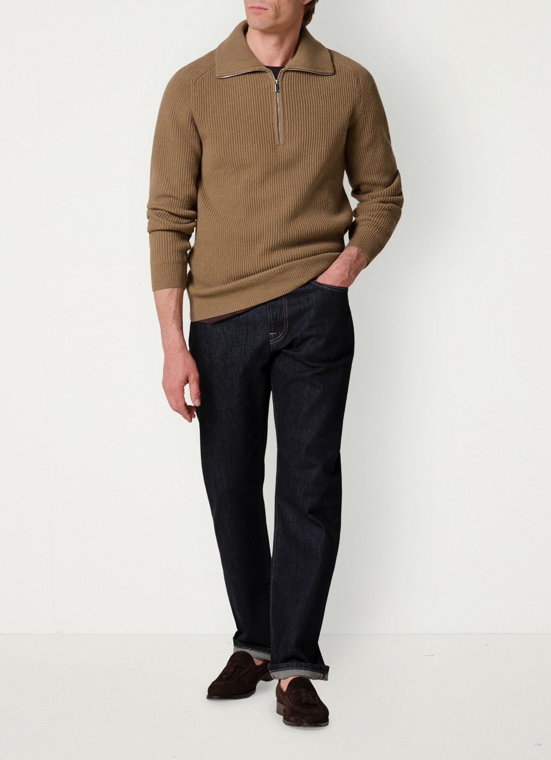 Profuomo Ribgebreide trui van wol met halve rits - voorkant 2 cognac