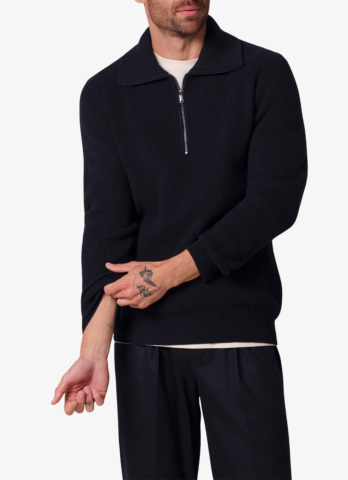 Profuomo Ribgebreide trui van wol met halve rits - detail donkerblauw