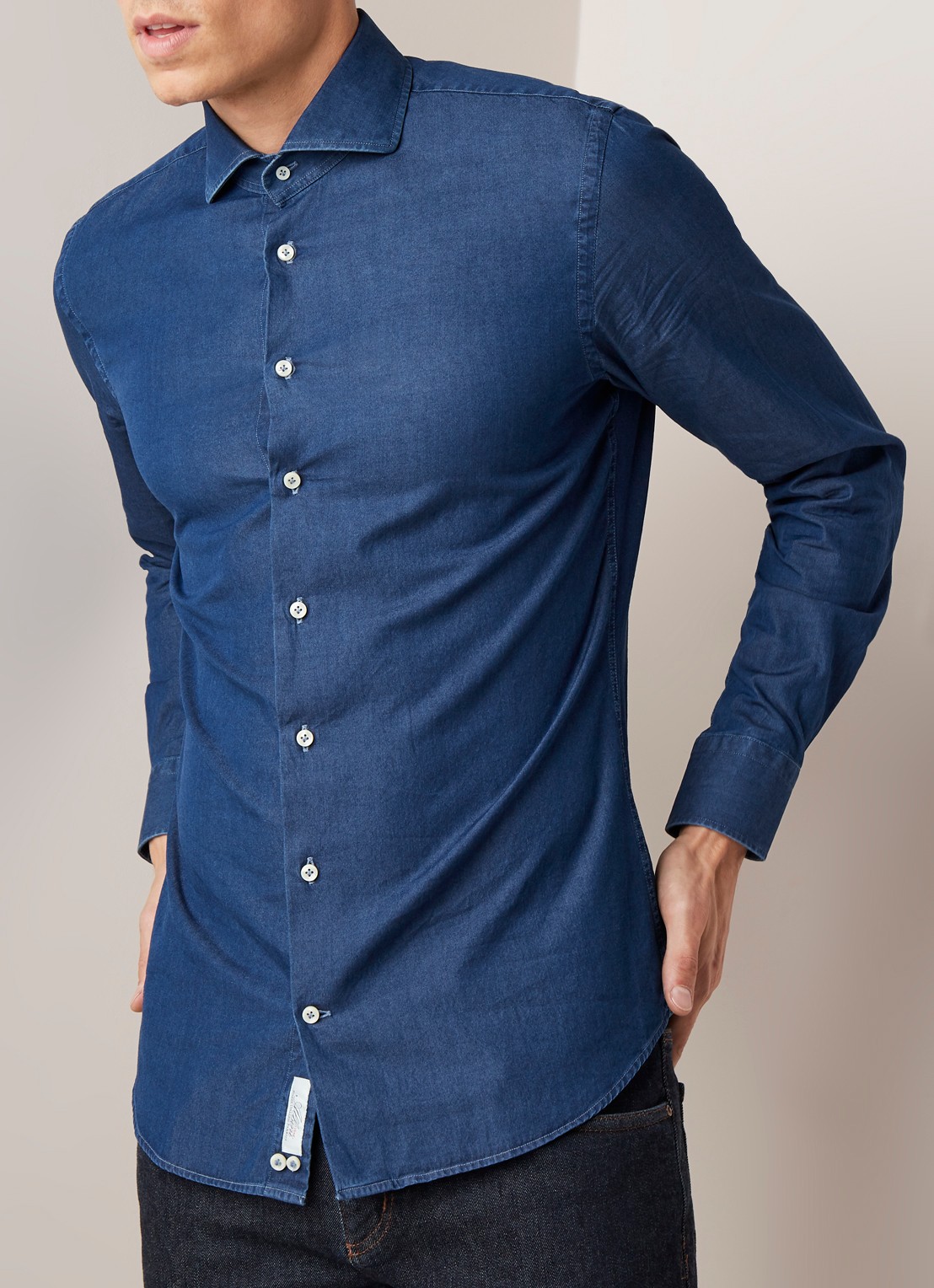 Profuomo Slim fit chambray overhemd met garment dye - detail indigo
